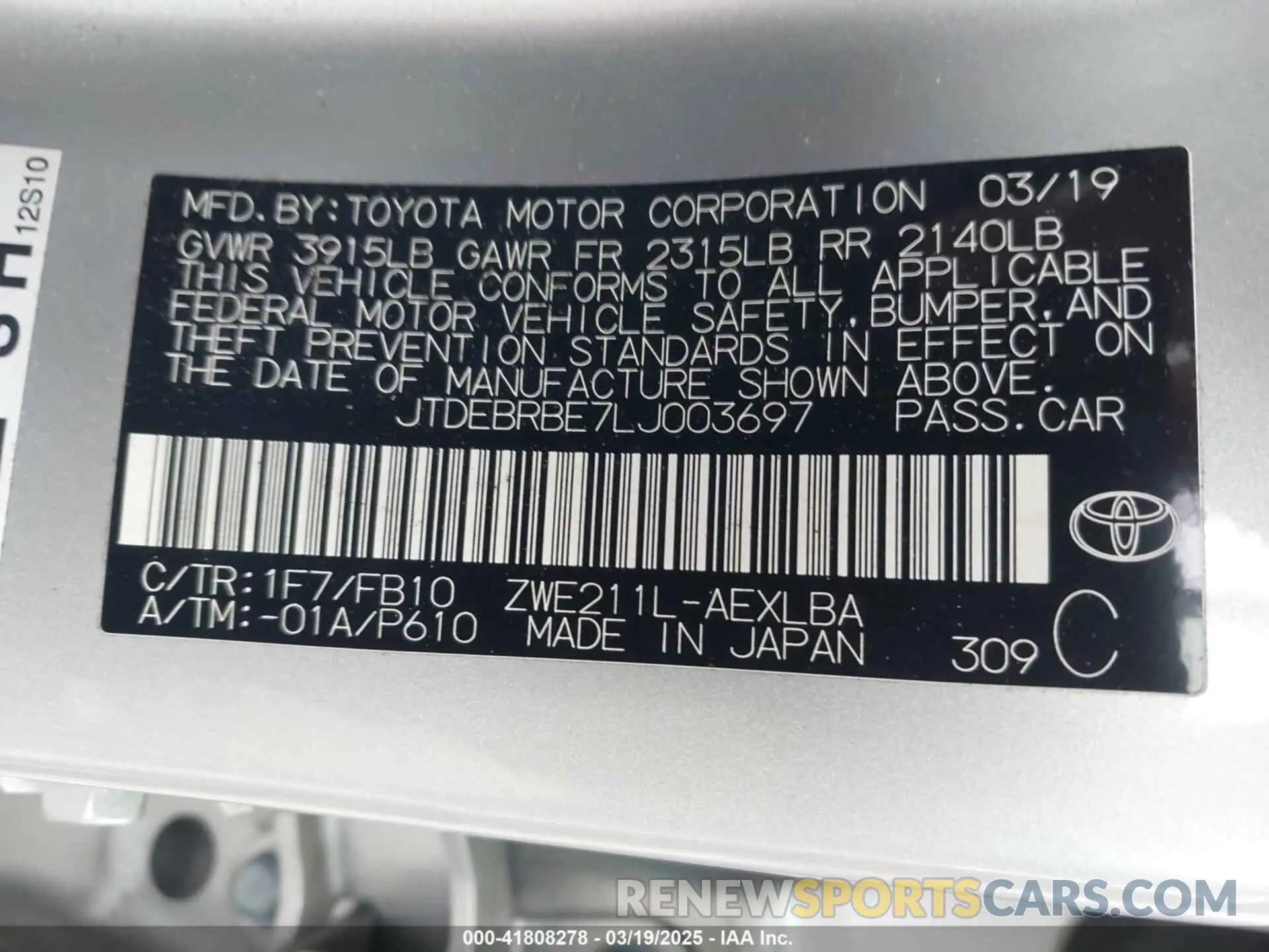 9 Photograph of a damaged car JTDEBRBE7LJ003697 TOYOTA COROLLA 2020