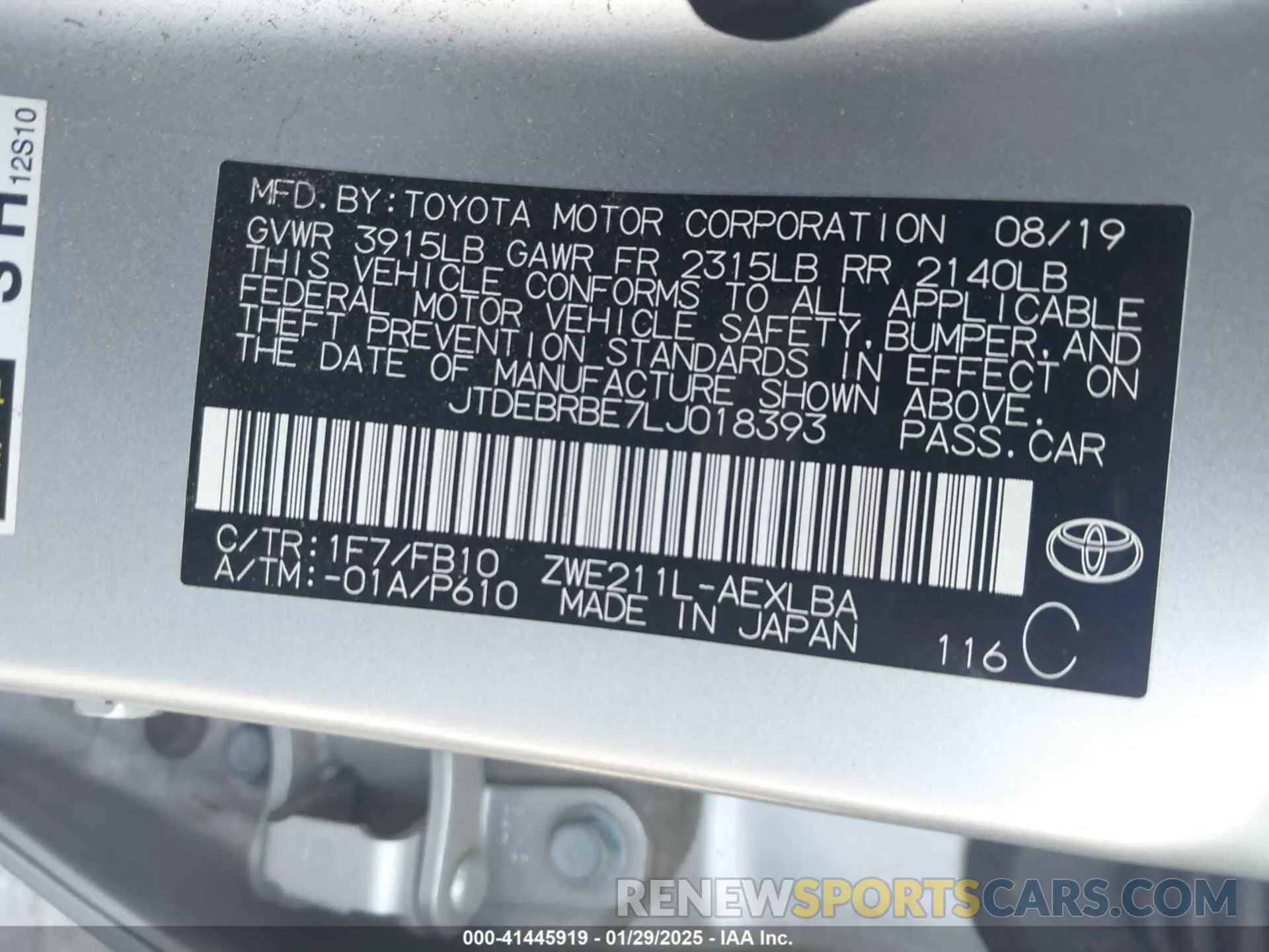 9 Photograph of a damaged car JTDEBRBE7LJ018393 TOYOTA COROLLA 2020