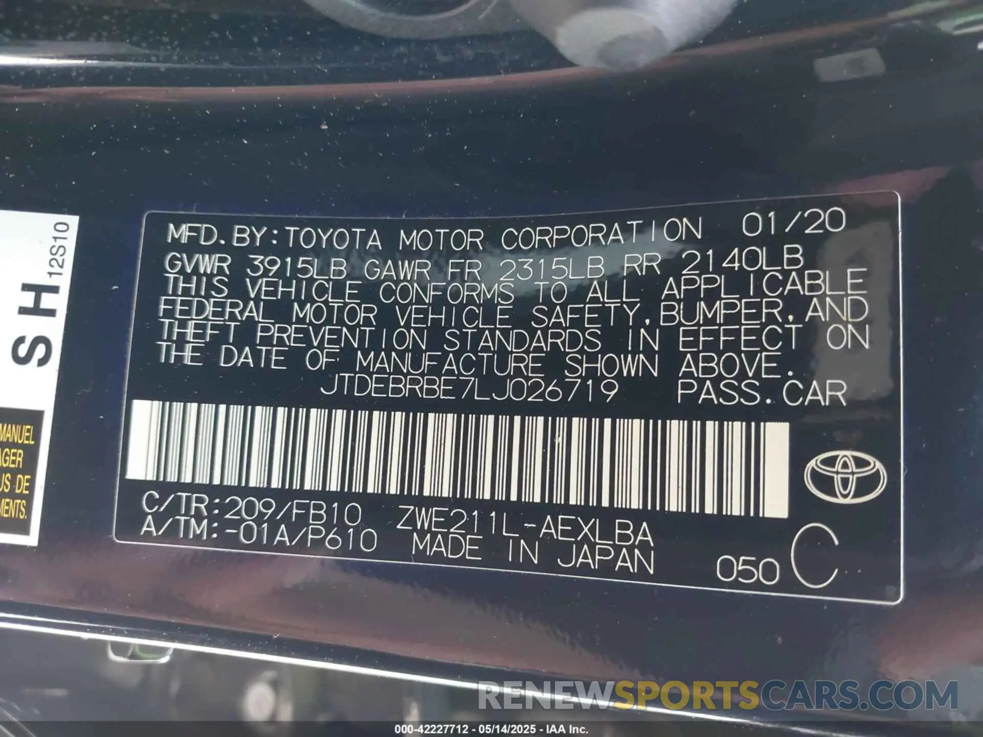 9 Photograph of a damaged car JTDEBRBE7LJ026719 TOYOTA COROLLA 2020