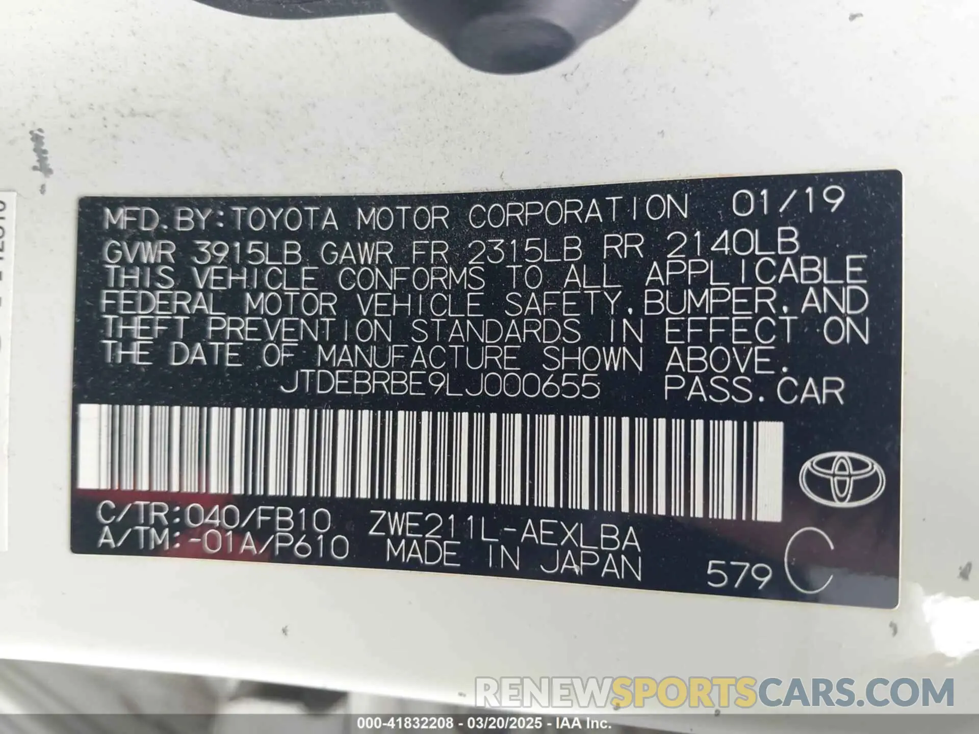 9 Photograph of a damaged car JTDEBRBE9LJ000655 TOYOTA COROLLA 2020