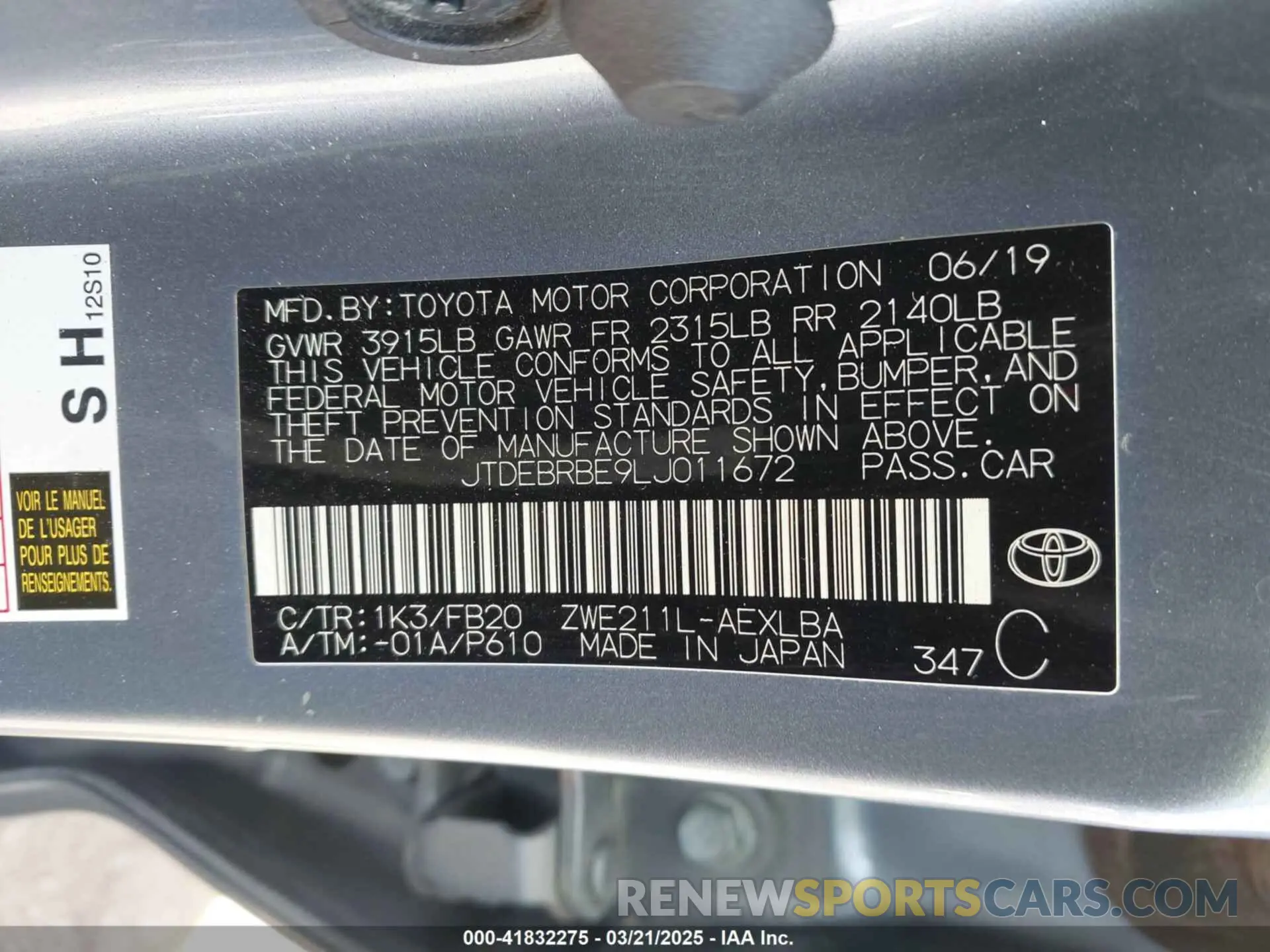 9 Photograph of a damaged car JTDEBRBE9LJ011672 TOYOTA COROLLA 2020