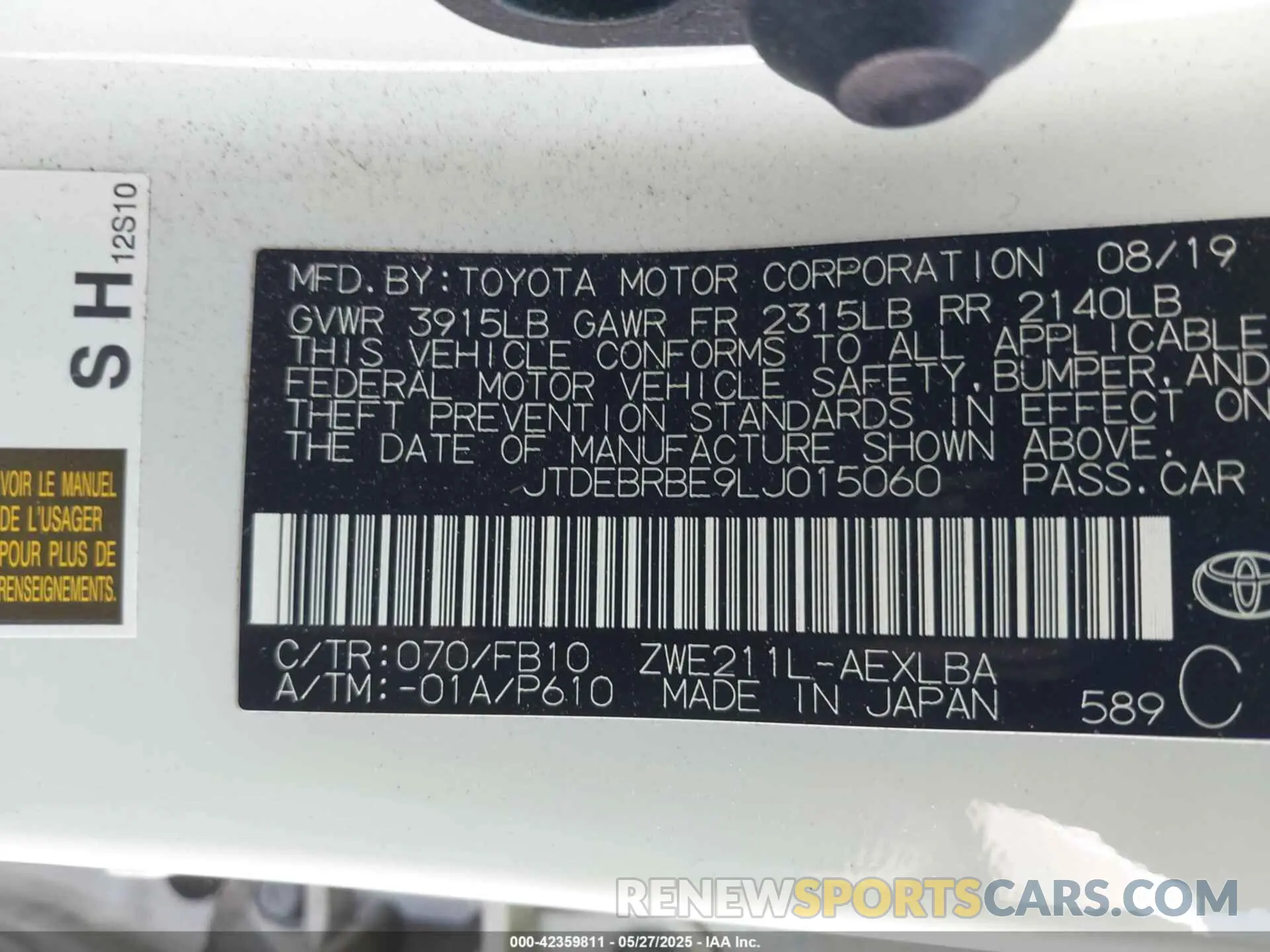 9 Photograph of a damaged car JTDEBRBE9LJ015060 TOYOTA COROLLA 2020
