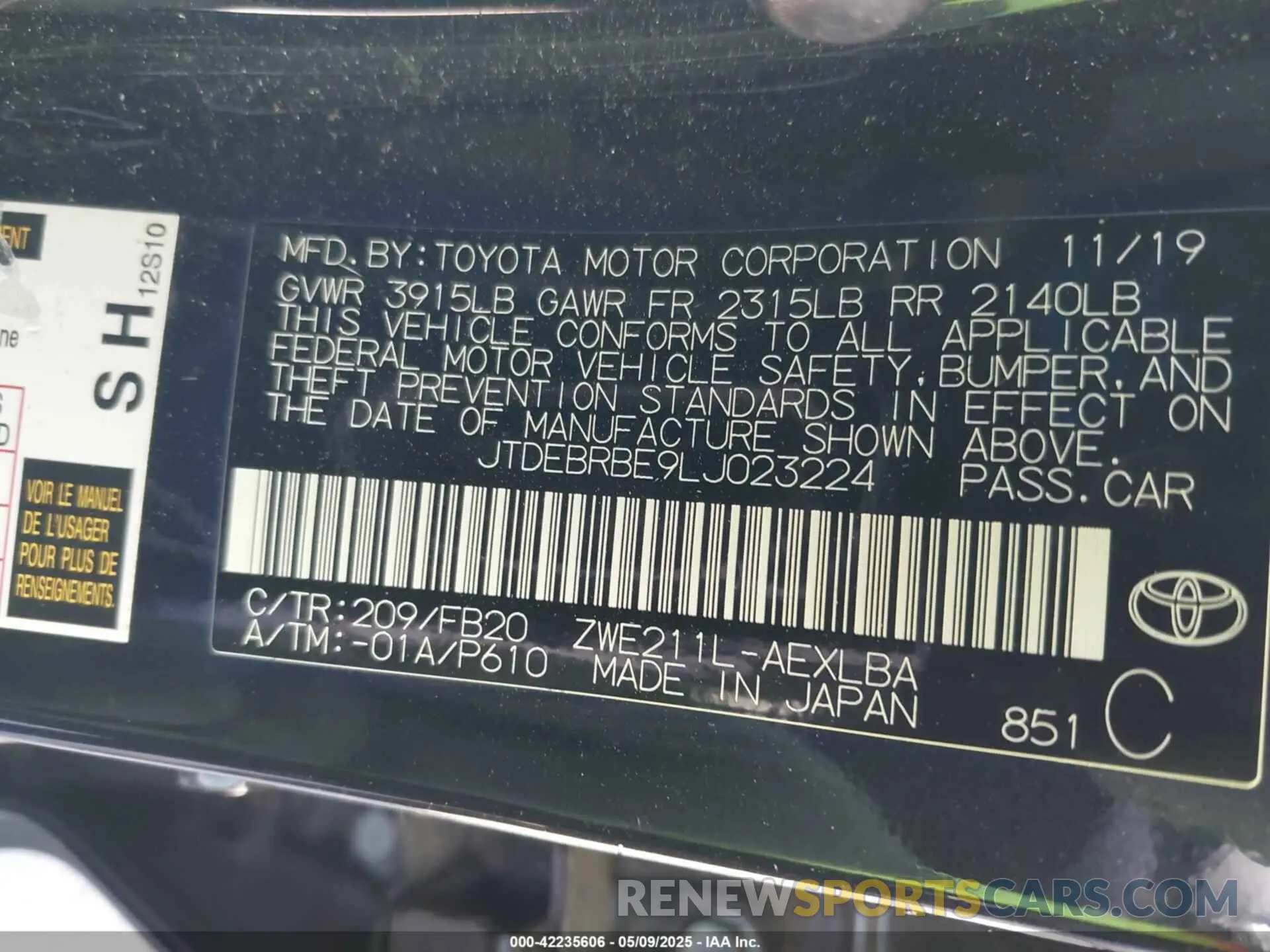 9 Photograph of a damaged car JTDEBRBE9LJ023224 TOYOTA COROLLA 2020