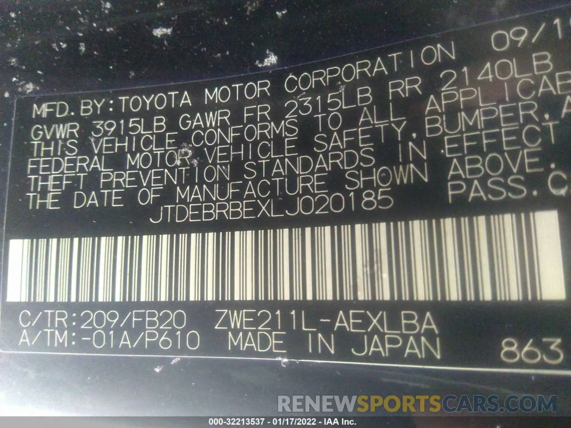 9 Photograph of a damaged car JTDEBRBEXLJ020185 TOYOTA COROLLA 2020