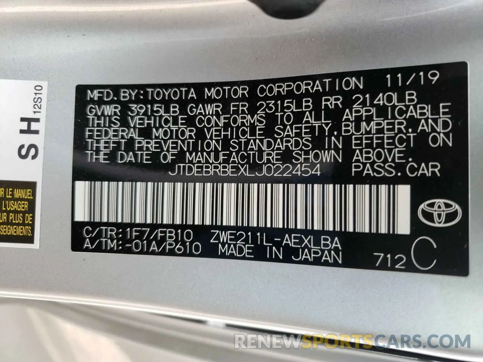 10 Photograph of a damaged car JTDEBRBEXLJ022454 TOYOTA COROLLA 2020