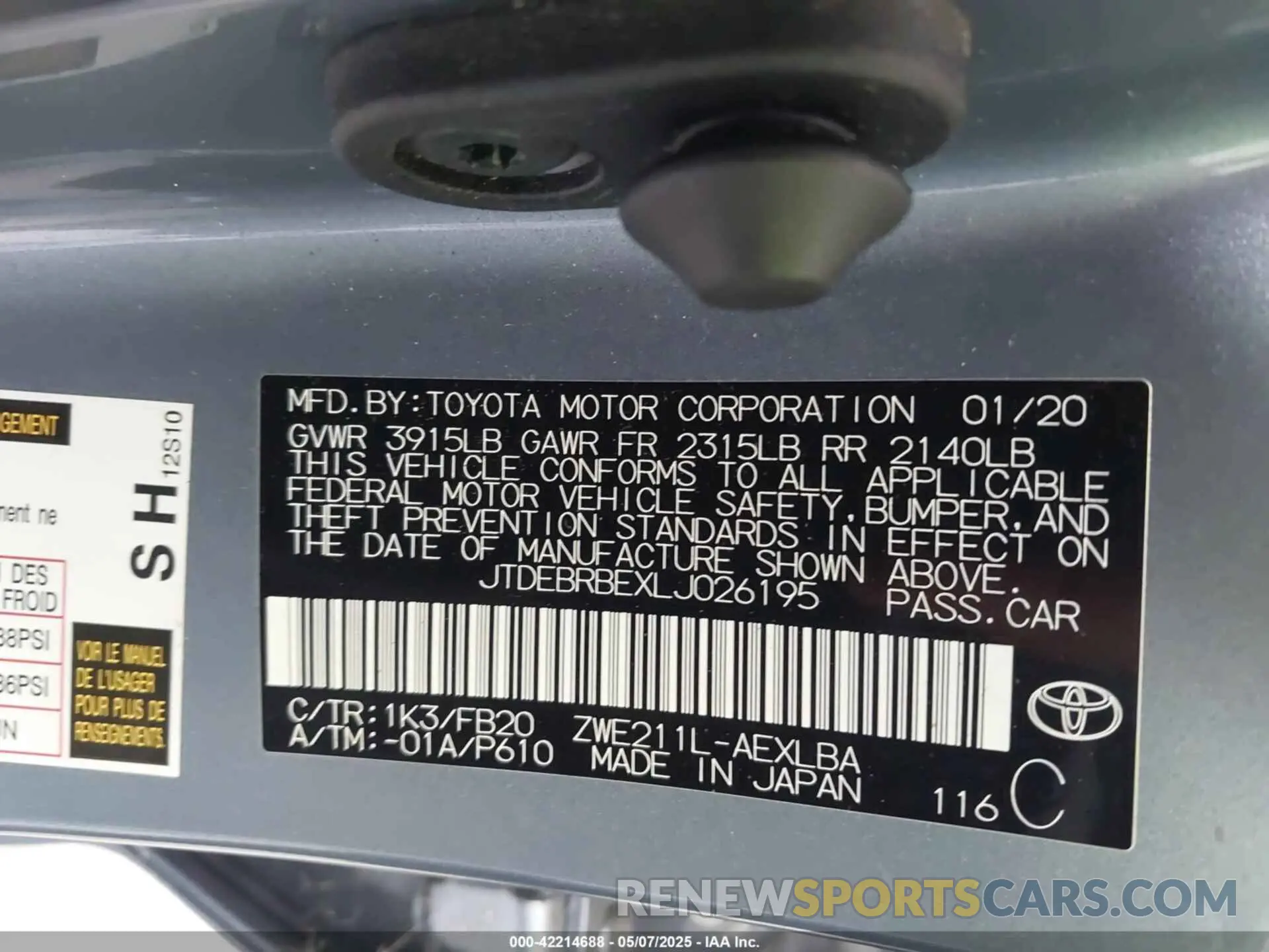 9 Photograph of a damaged car JTDEBRBEXLJ026195 TOYOTA COROLLA 2020