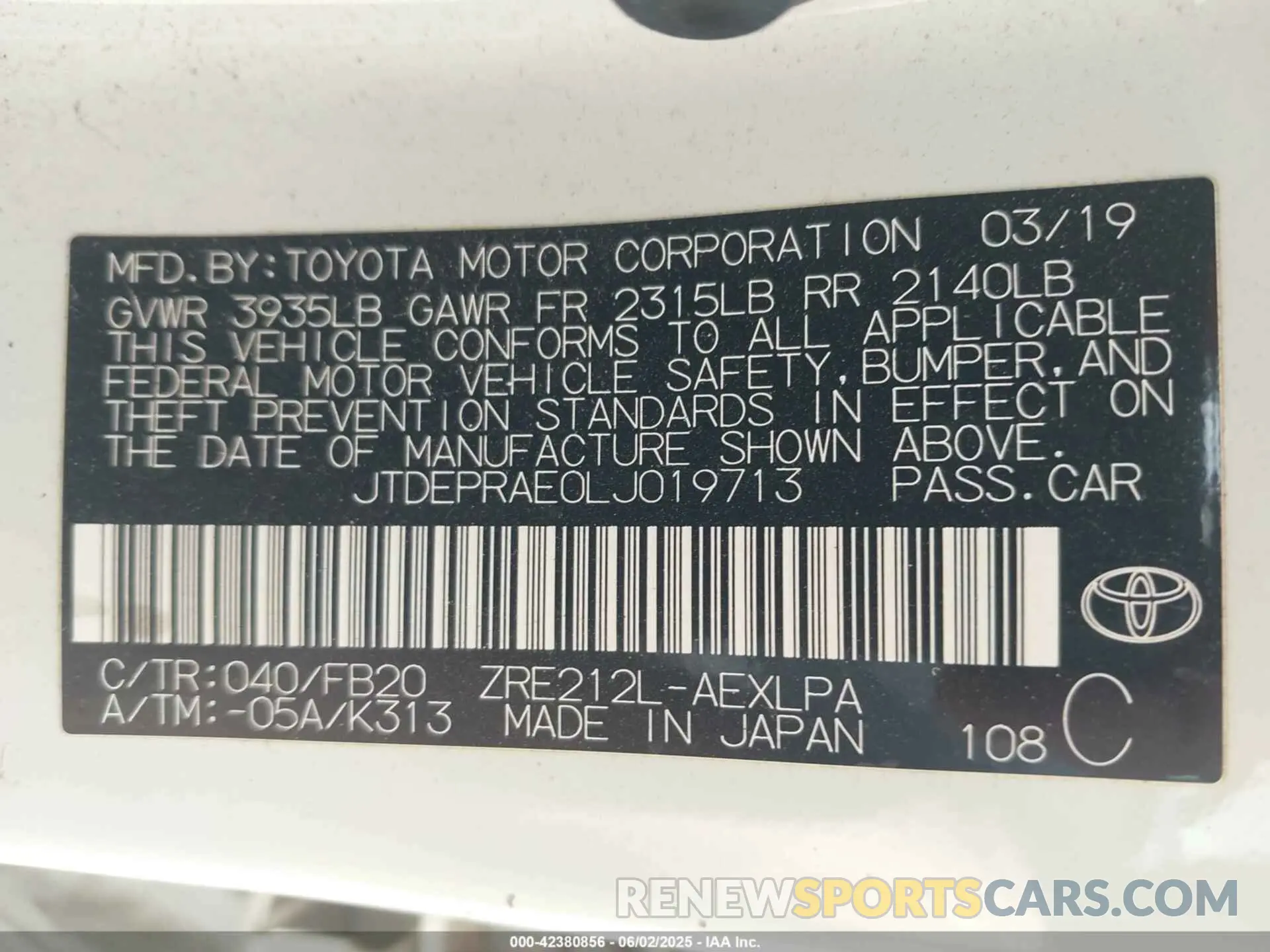 9 Photograph of a damaged car JTDEPRAE0LJ019713 TOYOTA COROLLA 2020