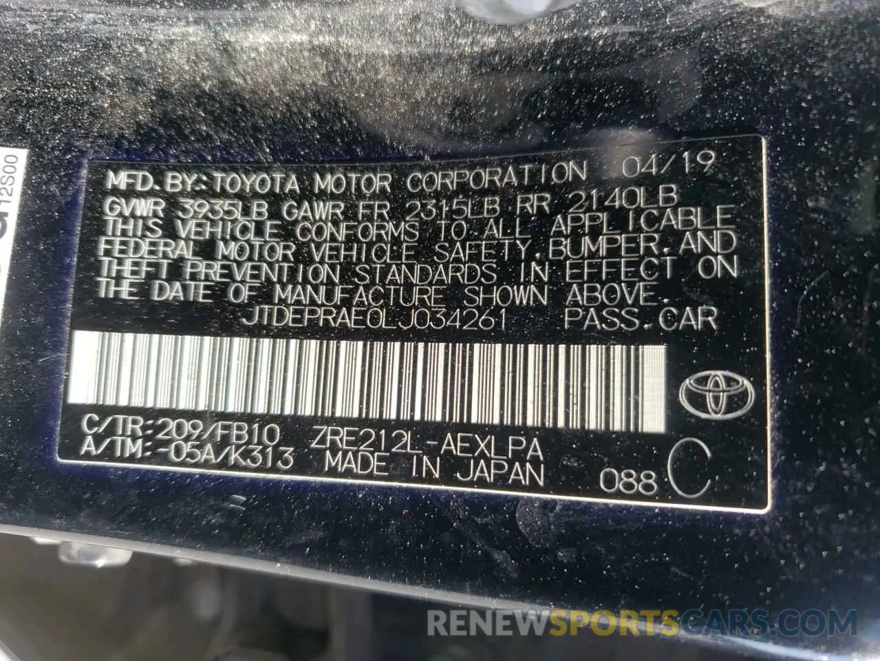 13 Photograph of a damaged car JTDEPRAE0LJ034261 TOYOTA COROLLA 2020