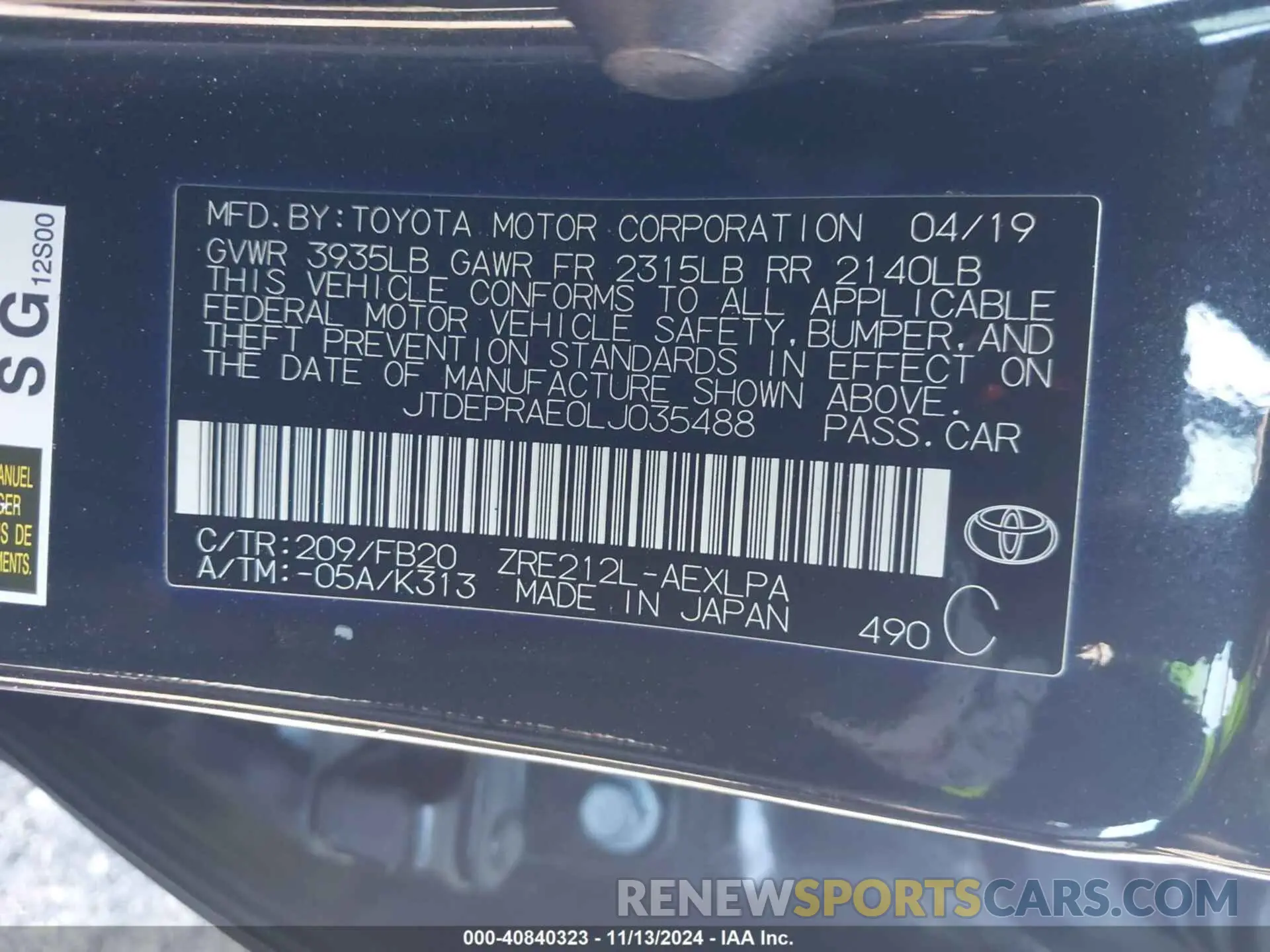 9 Photograph of a damaged car JTDEPRAE0LJ035488 TOYOTA COROLLA 2020