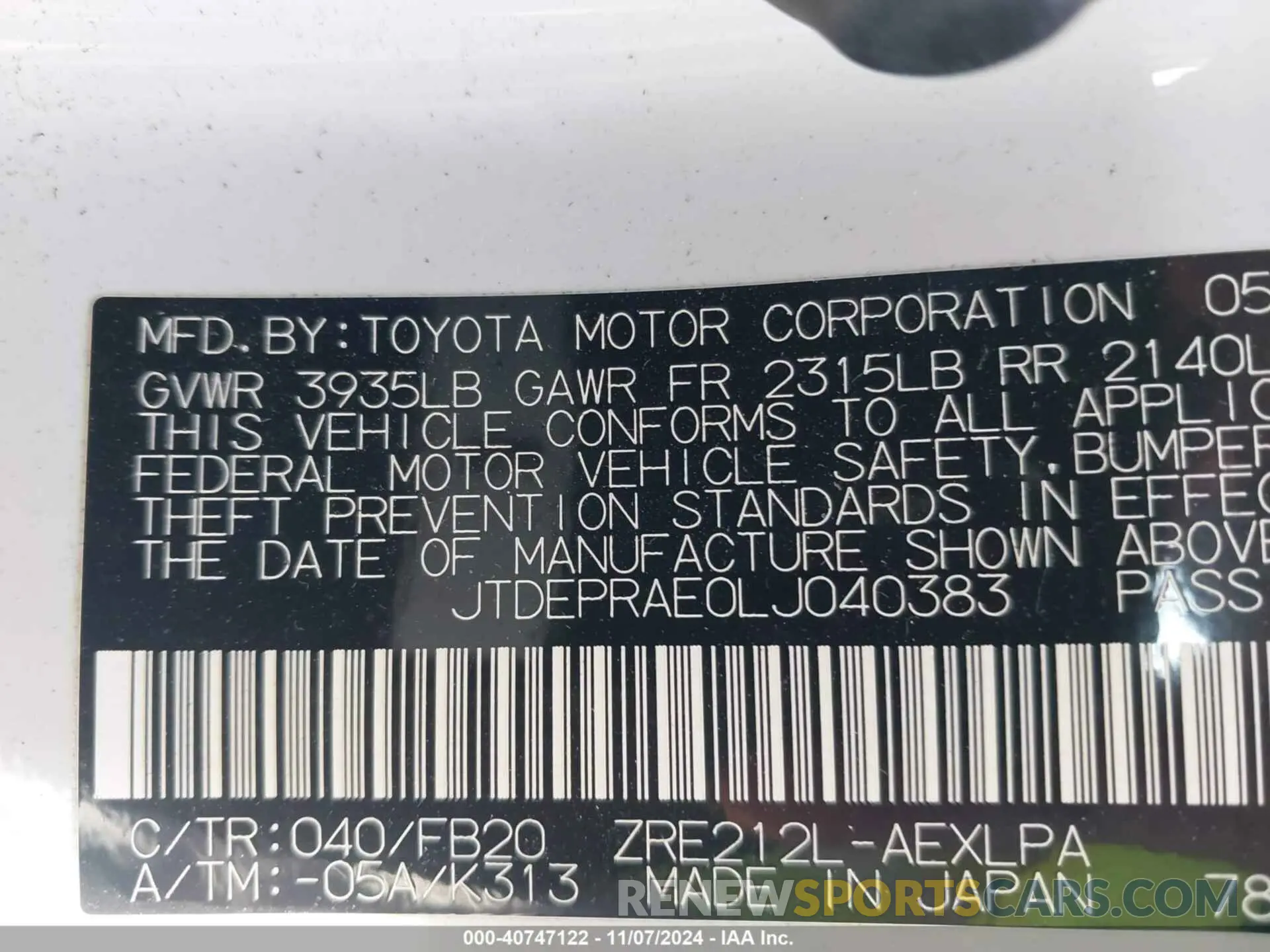 9 Photograph of a damaged car JTDEPRAE0LJ040383 TOYOTA COROLLA 2020
