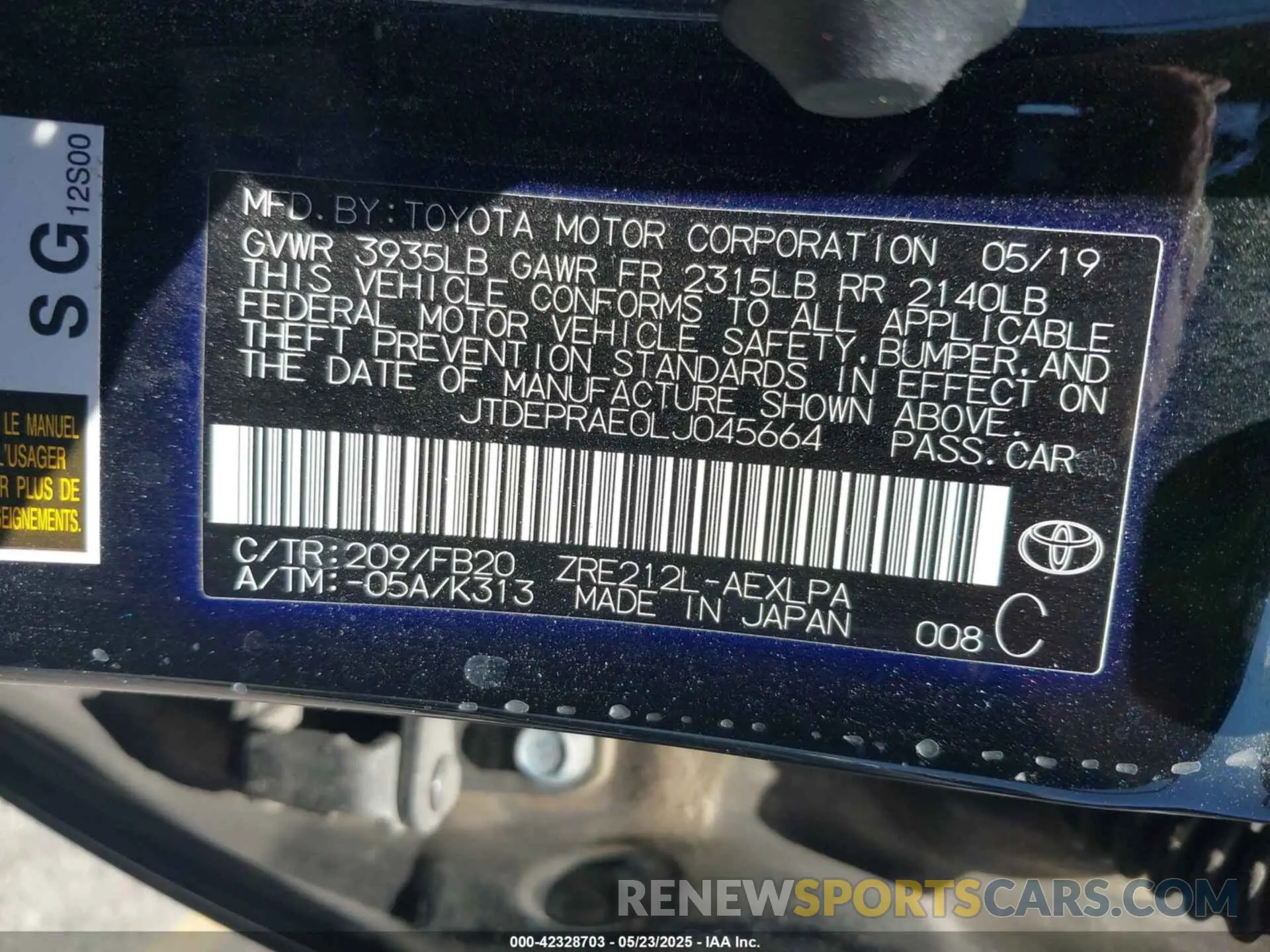 9 Photograph of a damaged car JTDEPRAE0LJ045664 TOYOTA COROLLA 2020