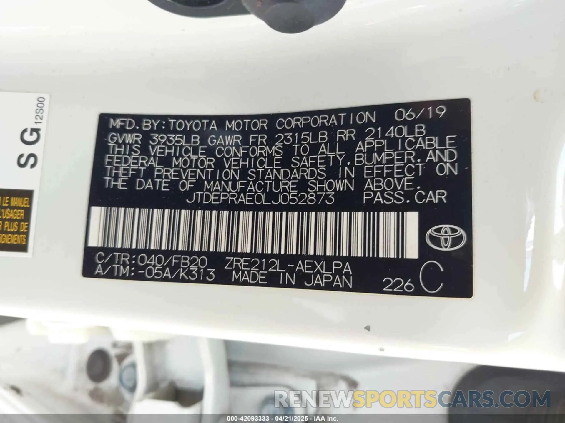 9 Photograph of a damaged car JTDEPRAE0LJ052873 TOYOTA COROLLA 2020