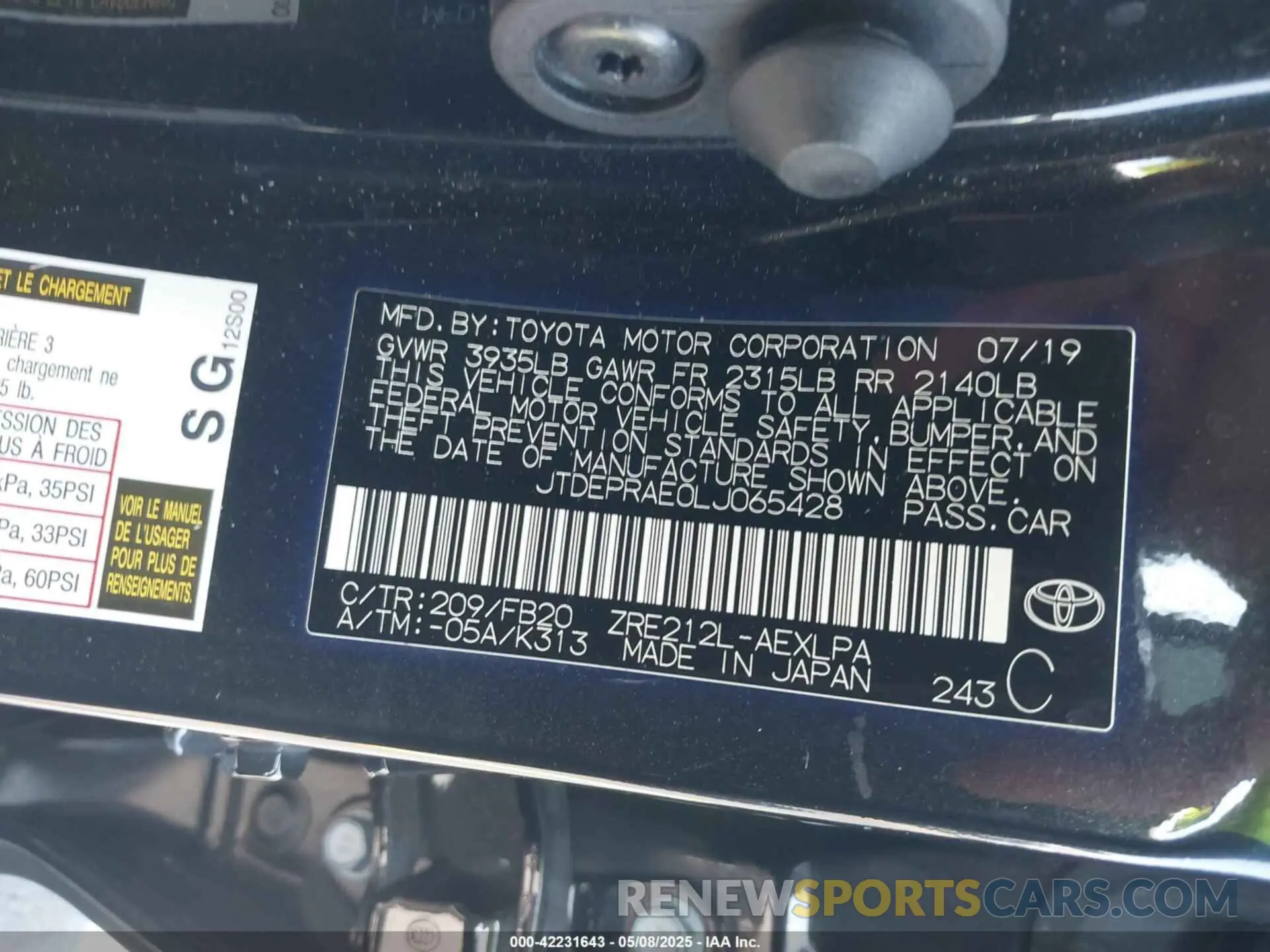 9 Photograph of a damaged car JTDEPRAE0LJ065428 TOYOTA COROLLA 2020