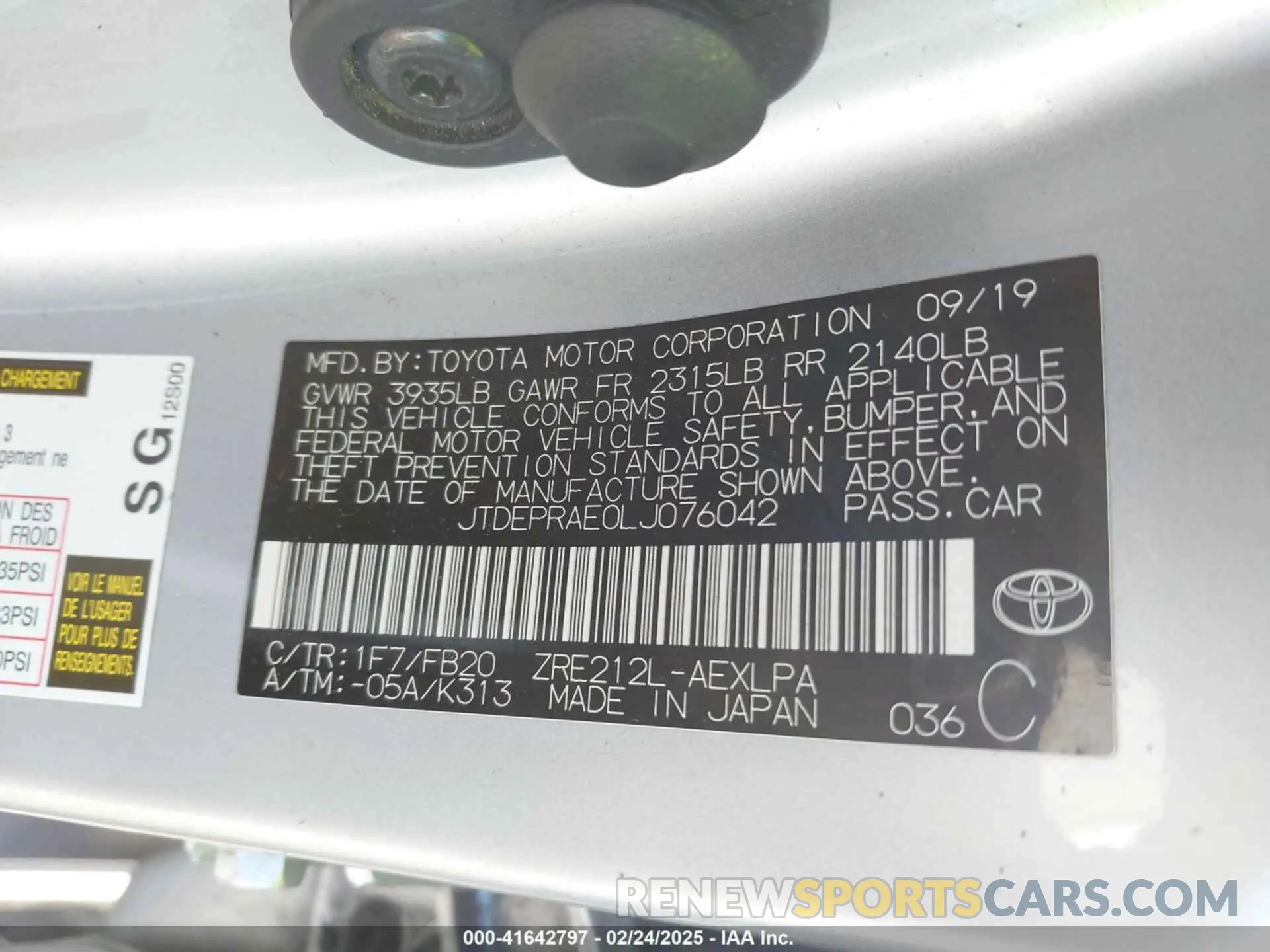 9 Photograph of a damaged car JTDEPRAE0LJ076042 TOYOTA COROLLA 2020