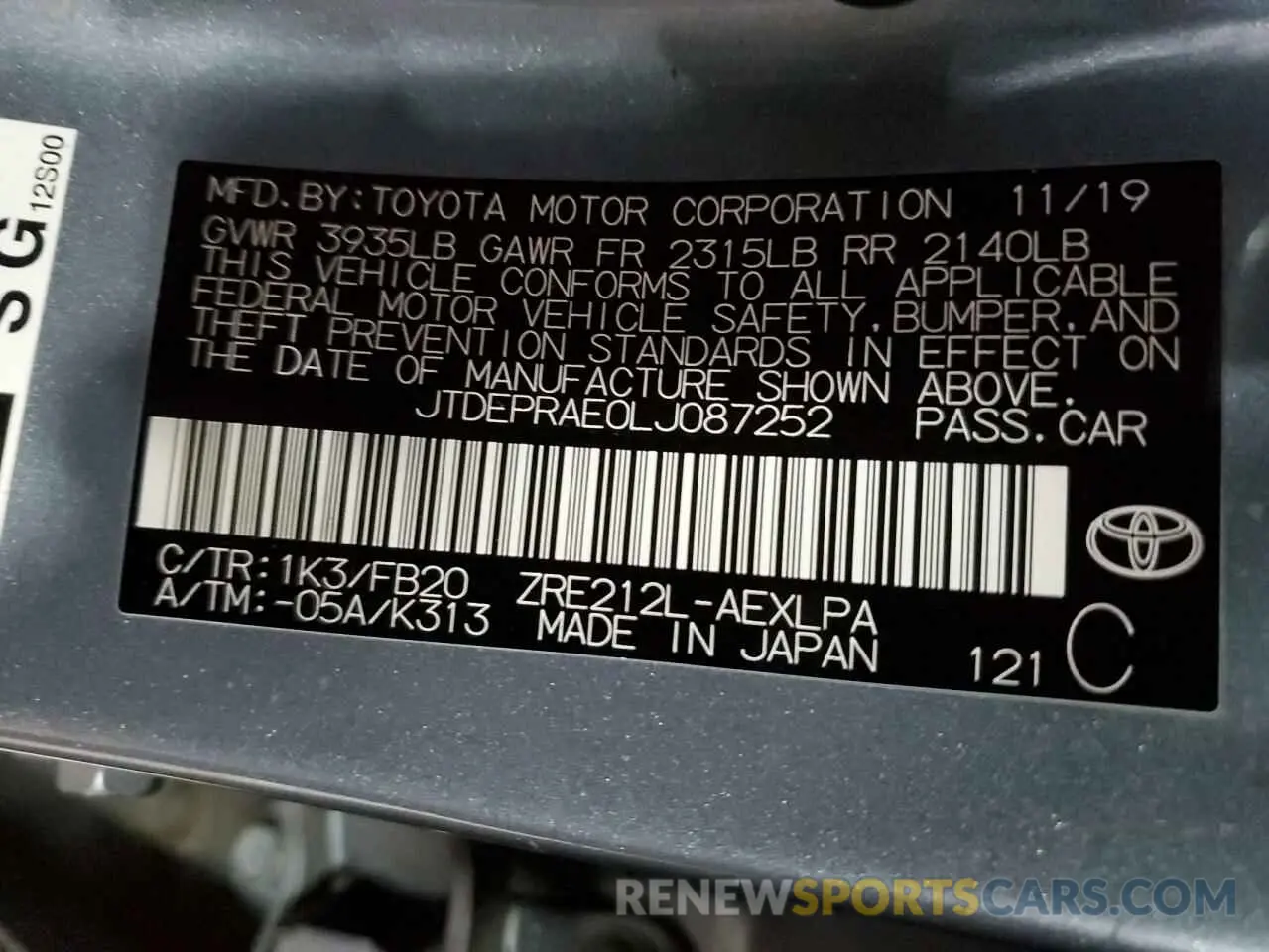 15 Photograph of a damaged car JTDEPRAE0LJ087252 TOYOTA COROLLA 2020