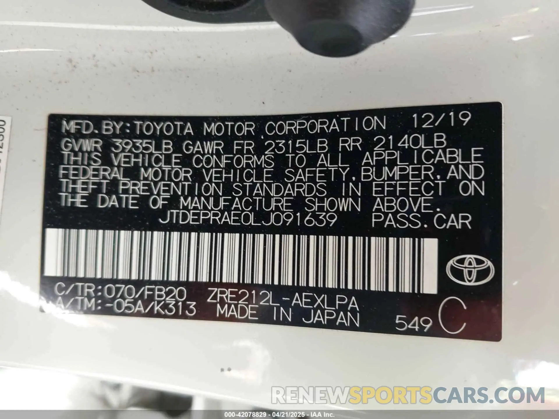 9 Photograph of a damaged car JTDEPRAE0LJ091639 TOYOTA COROLLA 2020