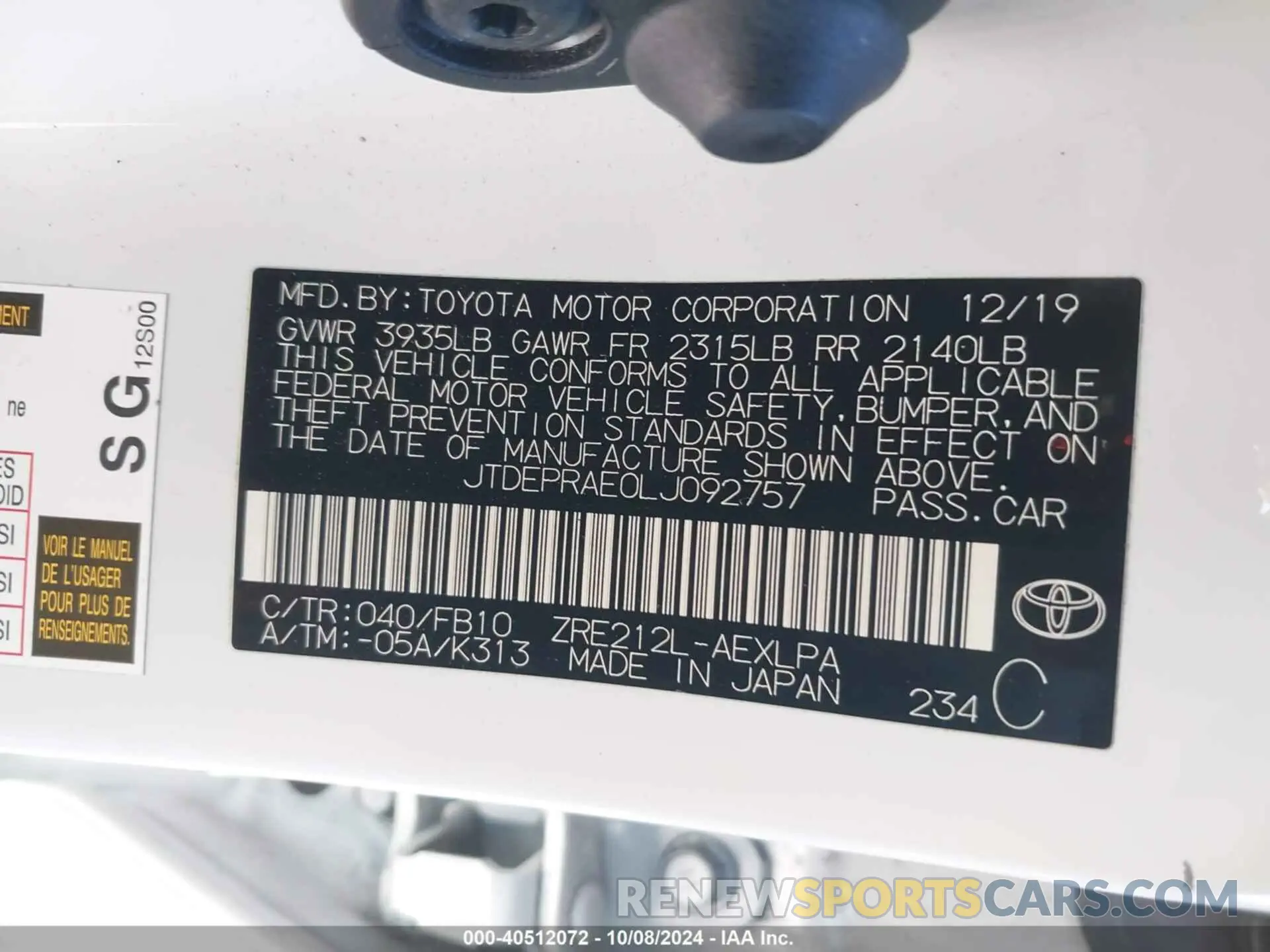 9 Photograph of a damaged car JTDEPRAE0LJ092757 TOYOTA COROLLA 2020