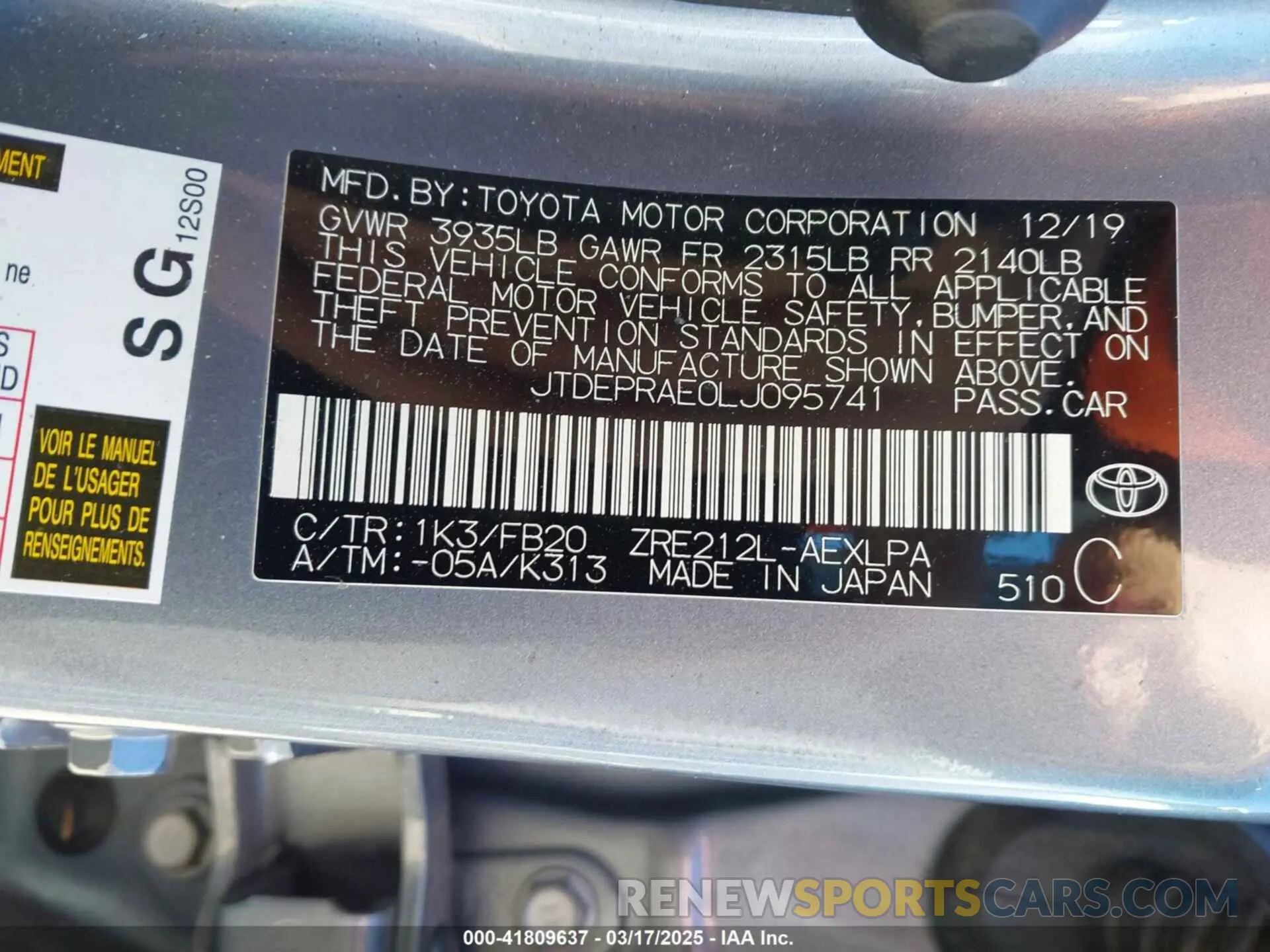 9 Photograph of a damaged car JTDEPRAE0LJ095741 TOYOTA COROLLA 2020
