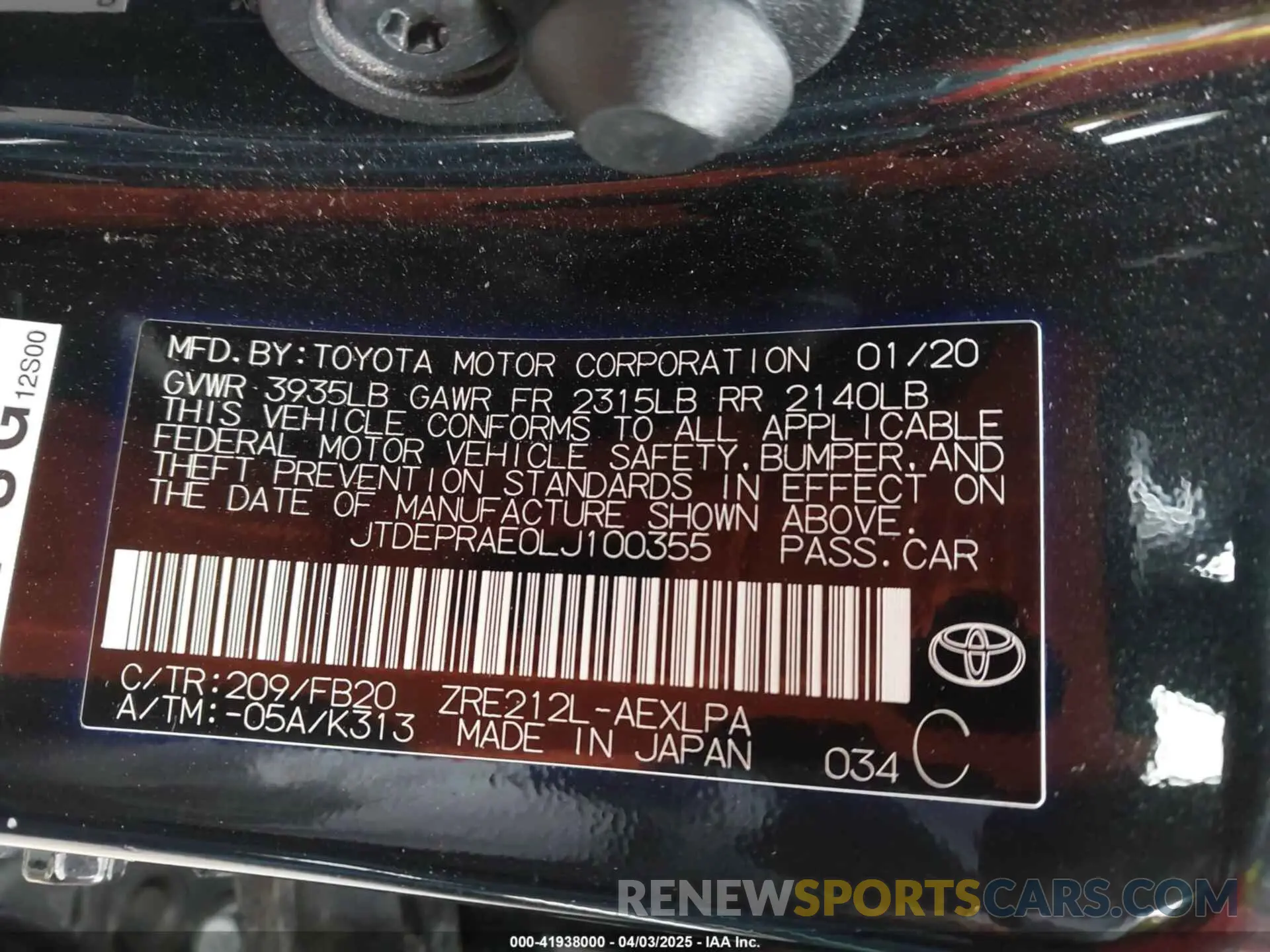 9 Photograph of a damaged car JTDEPRAE0LJ100355 TOYOTA COROLLA 2020