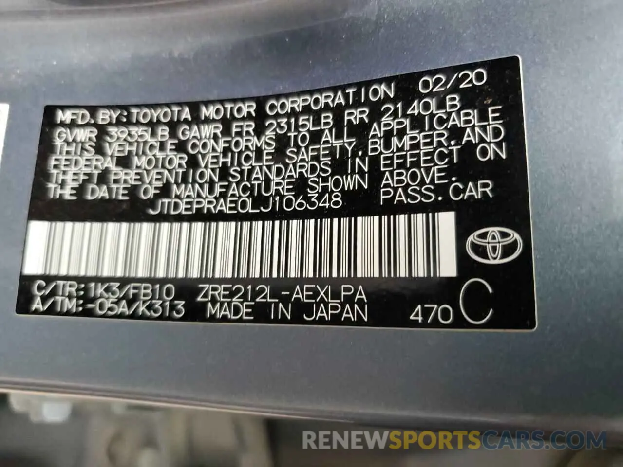 12 Photograph of a damaged car JTDEPRAE0LJ106348 TOYOTA COROLLA 2020