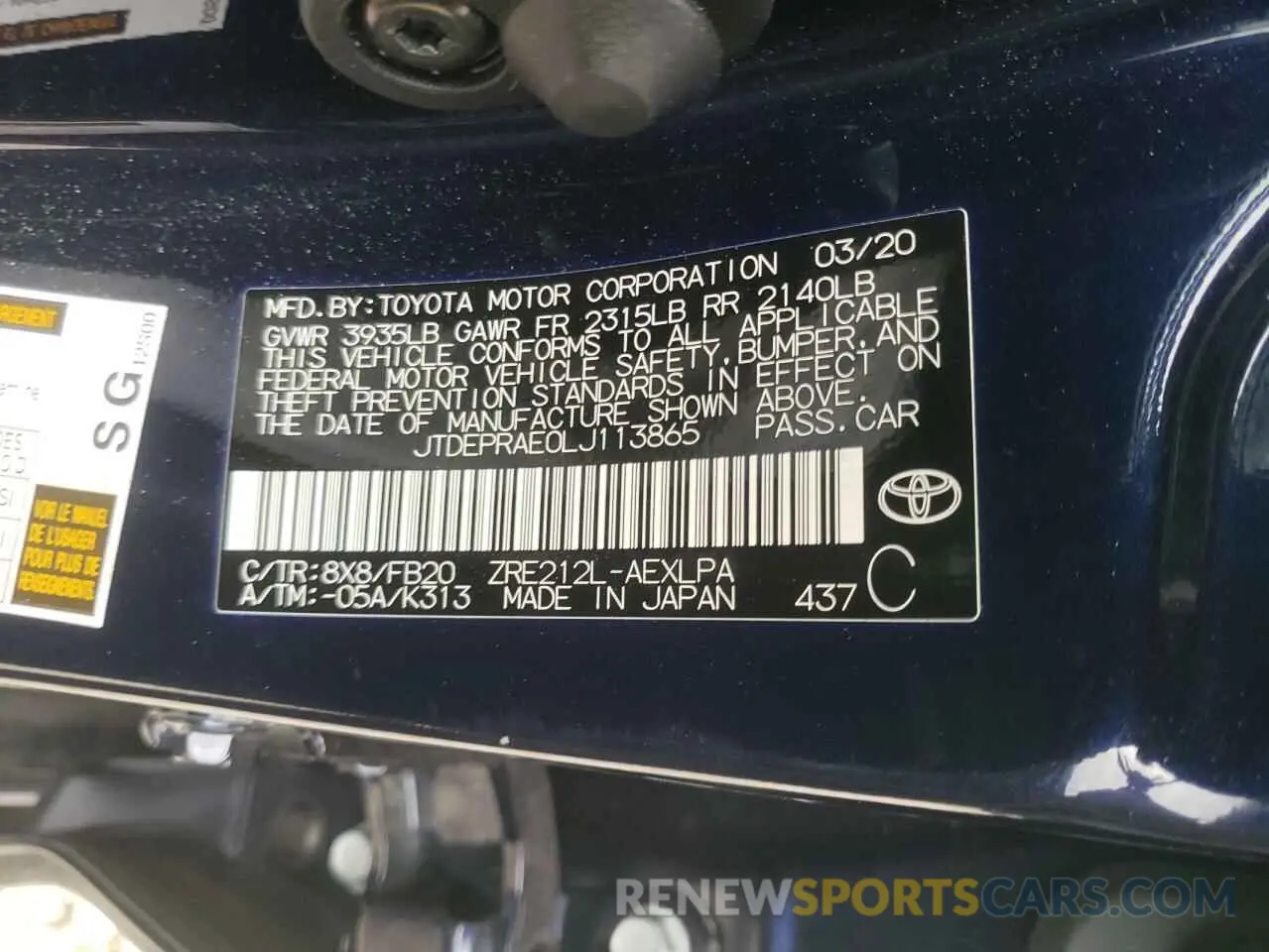 10 Photograph of a damaged car JTDEPRAE0LJ113865 TOYOTA COROLLA 2020