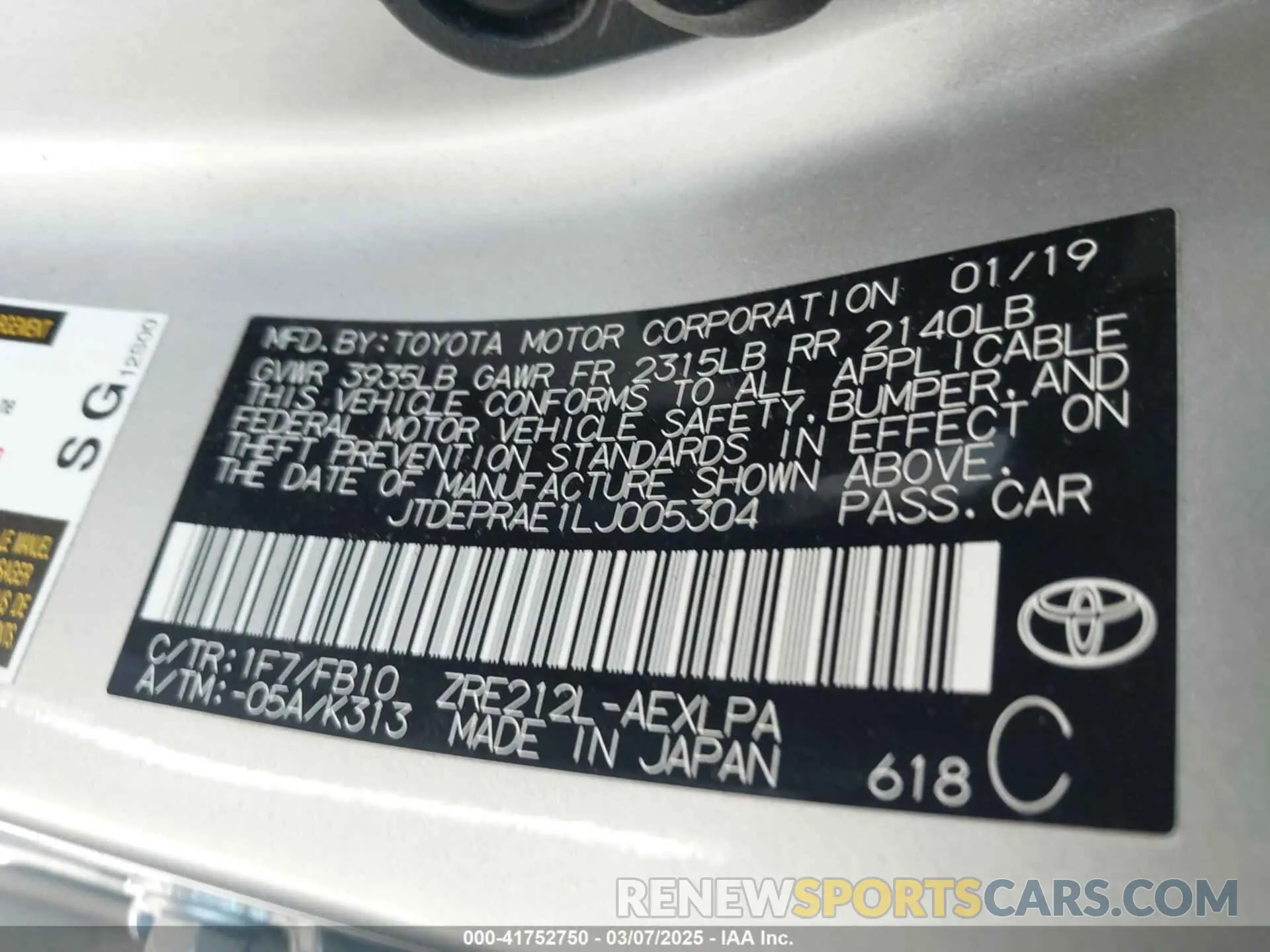 9 Photograph of a damaged car JTDEPRAE1LJ005304 TOYOTA COROLLA 2020