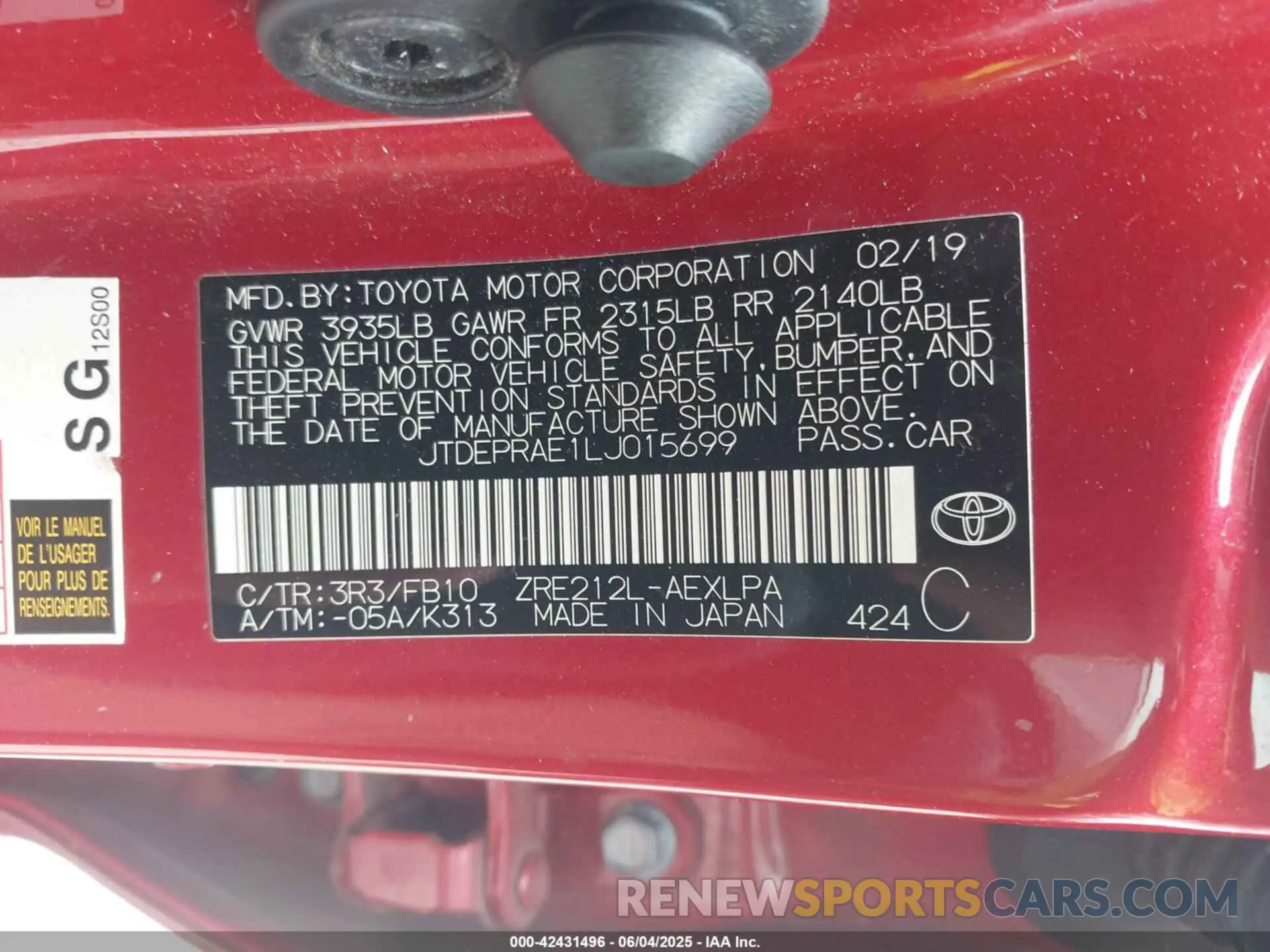 9 Photograph of a damaged car JTDEPRAE1LJ015699 TOYOTA COROLLA 2020