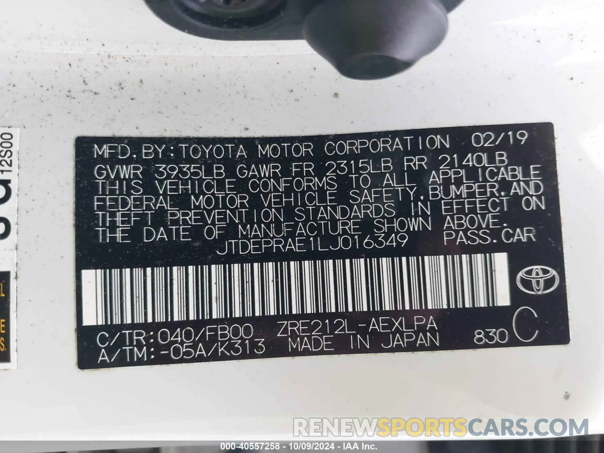 9 Photograph of a damaged car JTDEPRAE1LJ016349 TOYOTA COROLLA 2020