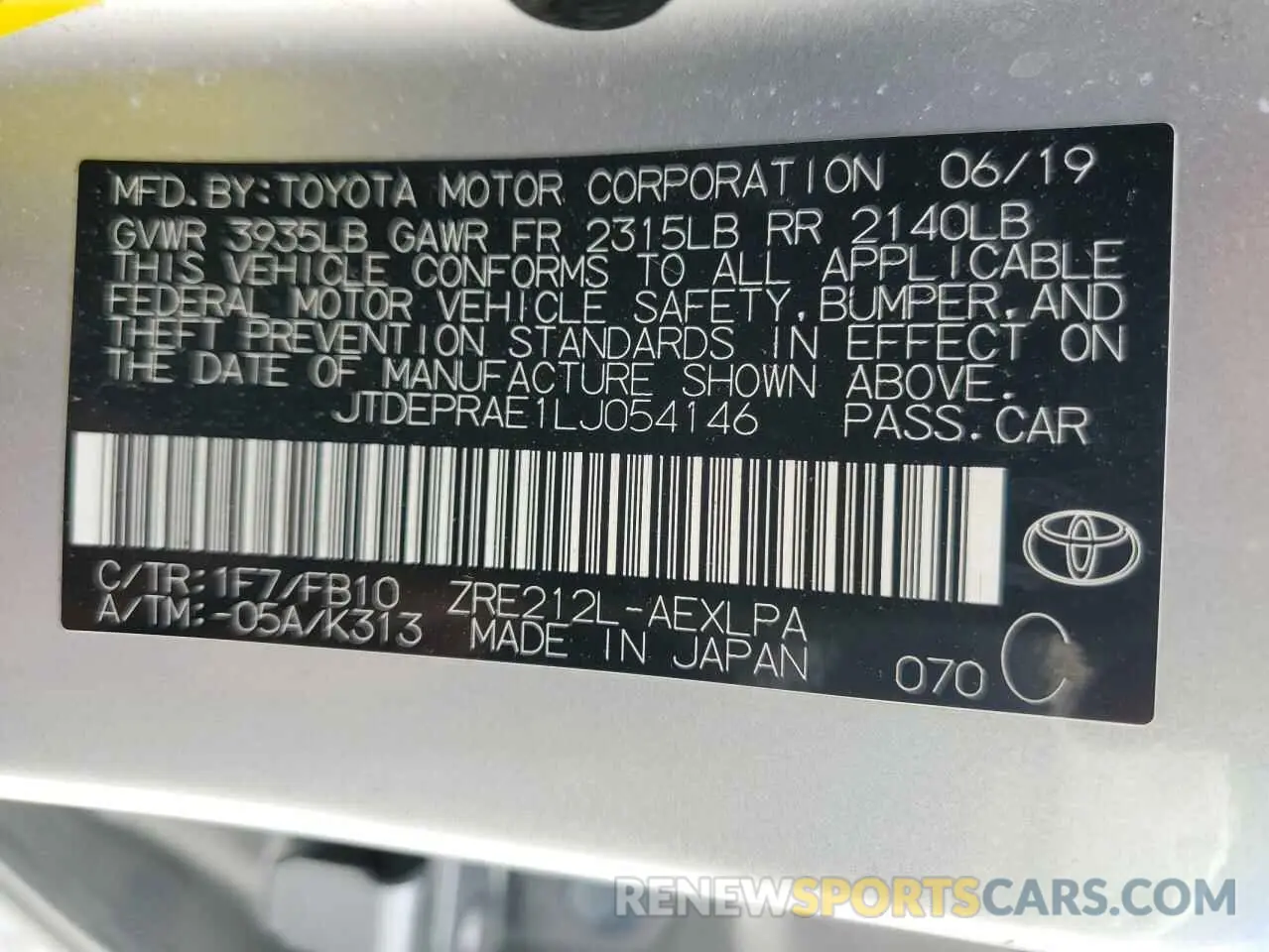 12 Photograph of a damaged car JTDEPRAE1LJ054146 TOYOTA COROLLA 2020