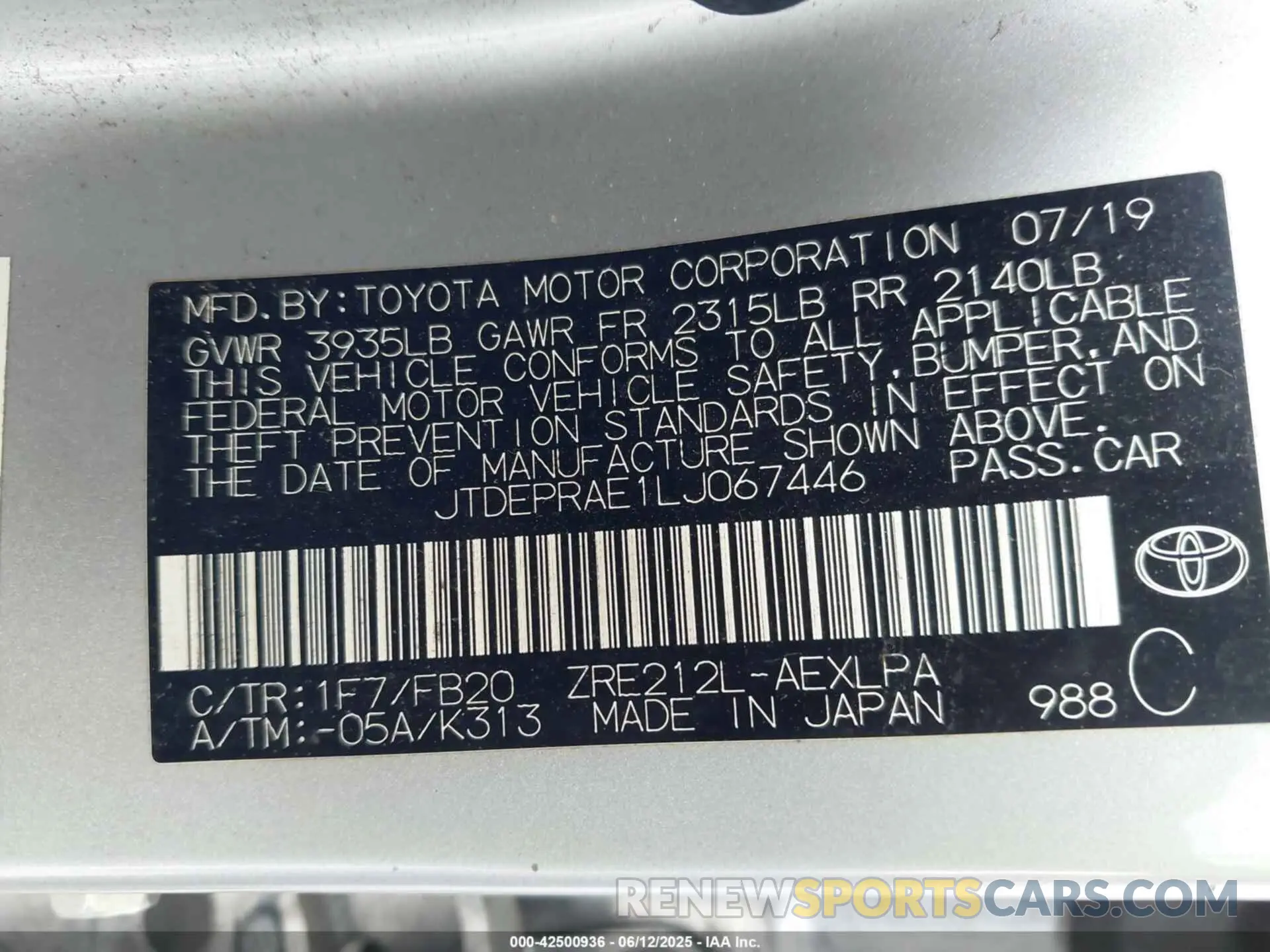 9 Photograph of a damaged car JTDEPRAE1LJ067446 TOYOTA COROLLA 2020