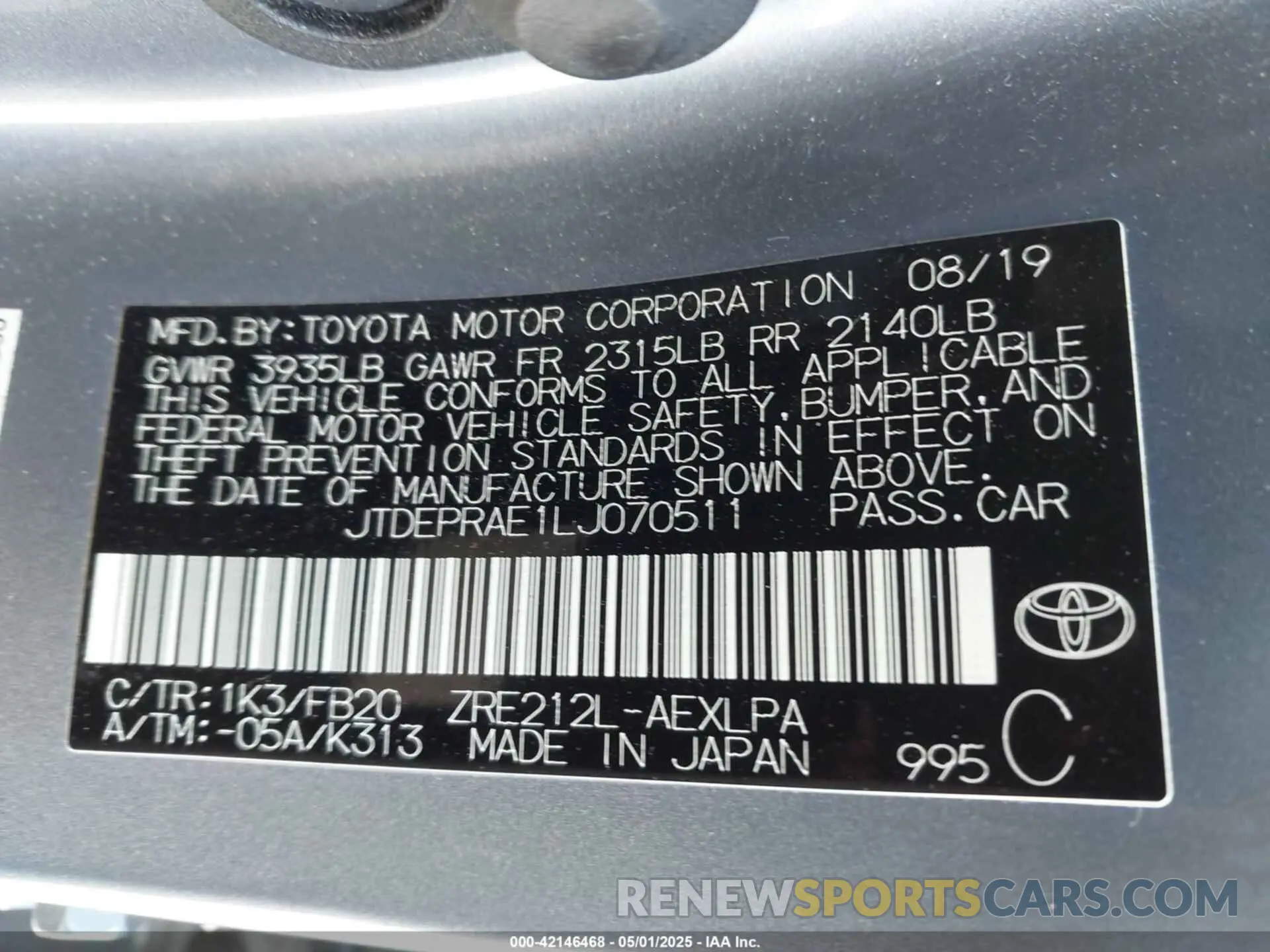 9 Photograph of a damaged car JTDEPRAE1LJ070511 TOYOTA COROLLA 2020