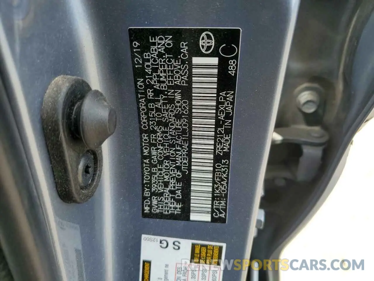 12 Photograph of a damaged car JTDEPRAE1LJ091620 TOYOTA COROLLA 2020