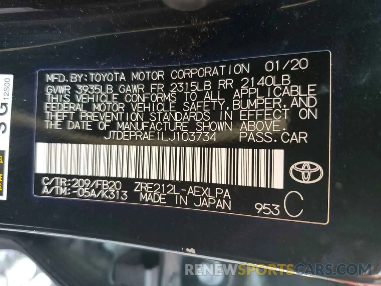 12 Photograph of a damaged car JTDEPRAE1LJ103734 TOYOTA COROLLA 2020