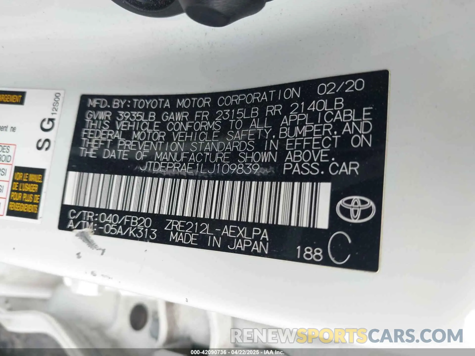 9 Photograph of a damaged car JTDEPRAE1LJ109839 TOYOTA COROLLA 2020