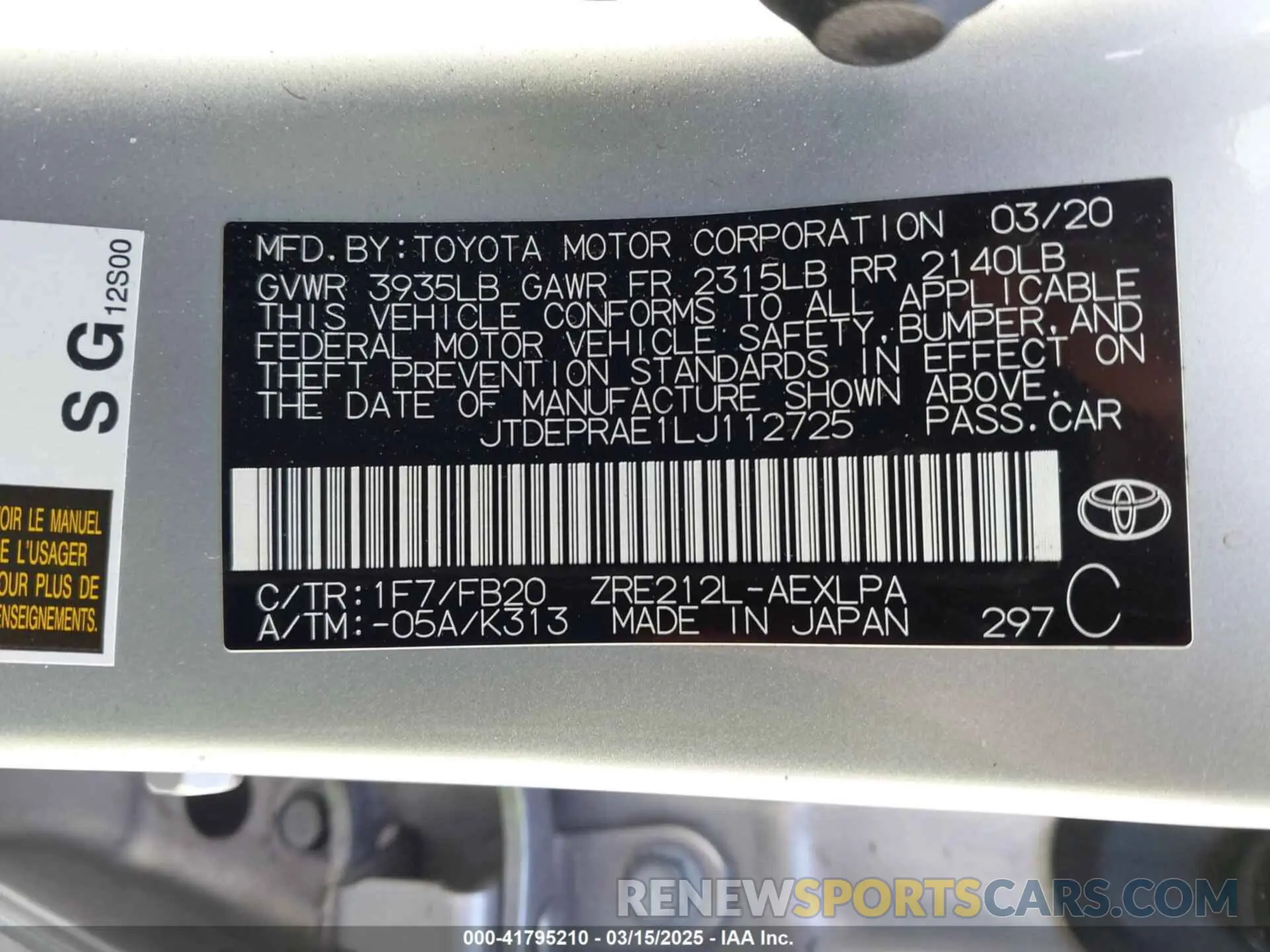 9 Photograph of a damaged car JTDEPRAE1LJ112725 TOYOTA COROLLA 2020