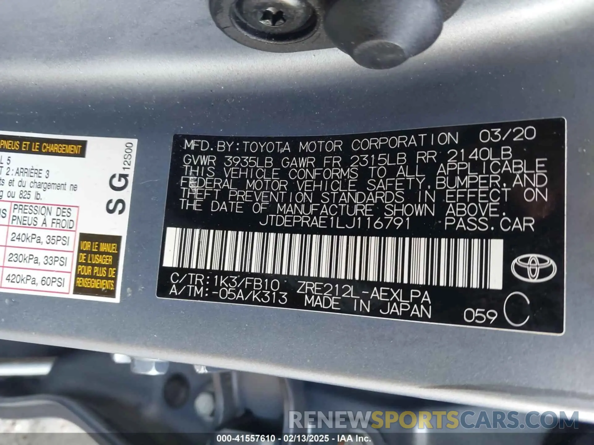 9 Photograph of a damaged car JTDEPRAE1LJ116791 TOYOTA COROLLA 2020