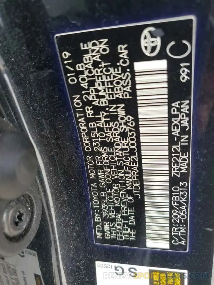 13 Photograph of a damaged car JTDEPRAE2LJ003769 TOYOTA COROLLA 2020