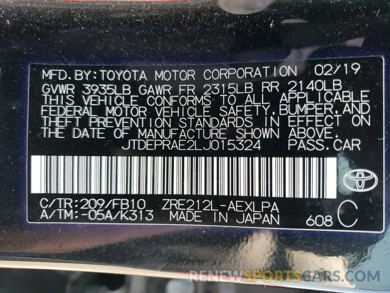 12 Photograph of a damaged car JTDEPRAE2LJ015324 TOYOTA COROLLA 2020