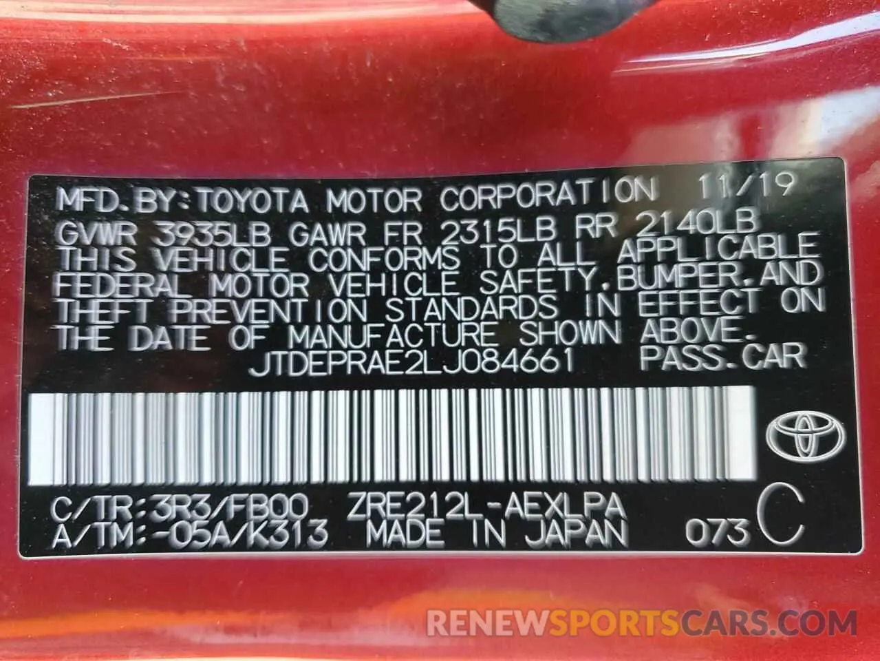 12 Photograph of a damaged car JTDEPRAE2LJ084661 TOYOTA COROLLA 2020