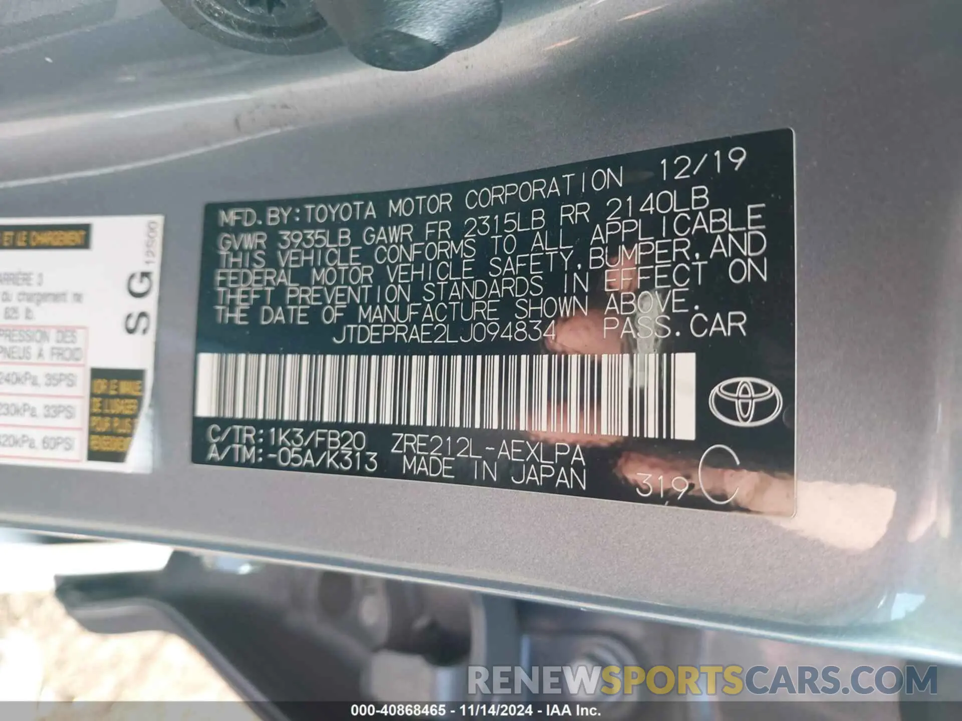 9 Photograph of a damaged car JTDEPRAE2LJ094834 TOYOTA COROLLA 2020