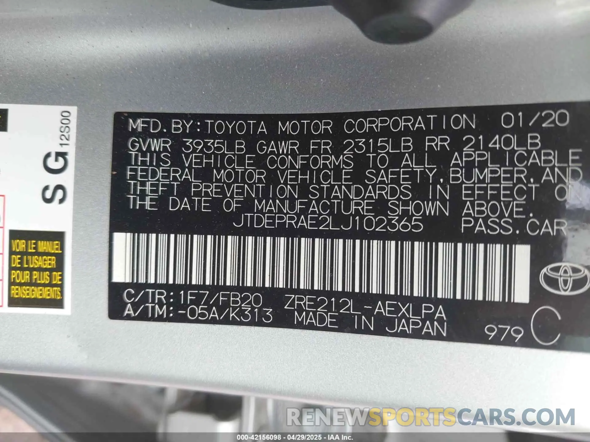 9 Photograph of a damaged car JTDEPRAE2LJ102365 TOYOTA COROLLA 2020