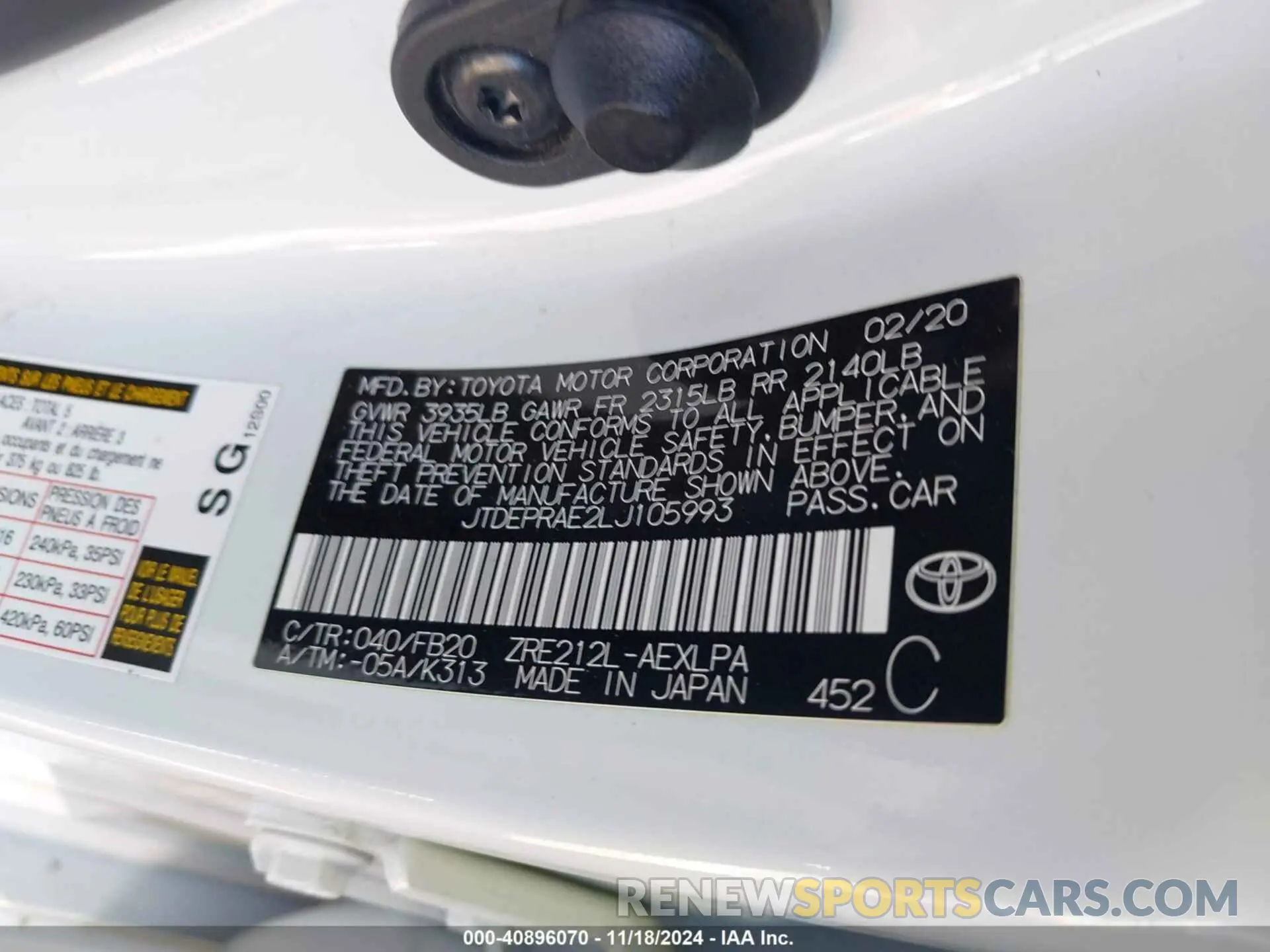 9 Photograph of a damaged car JTDEPRAE2LJ105993 TOYOTA COROLLA 2020