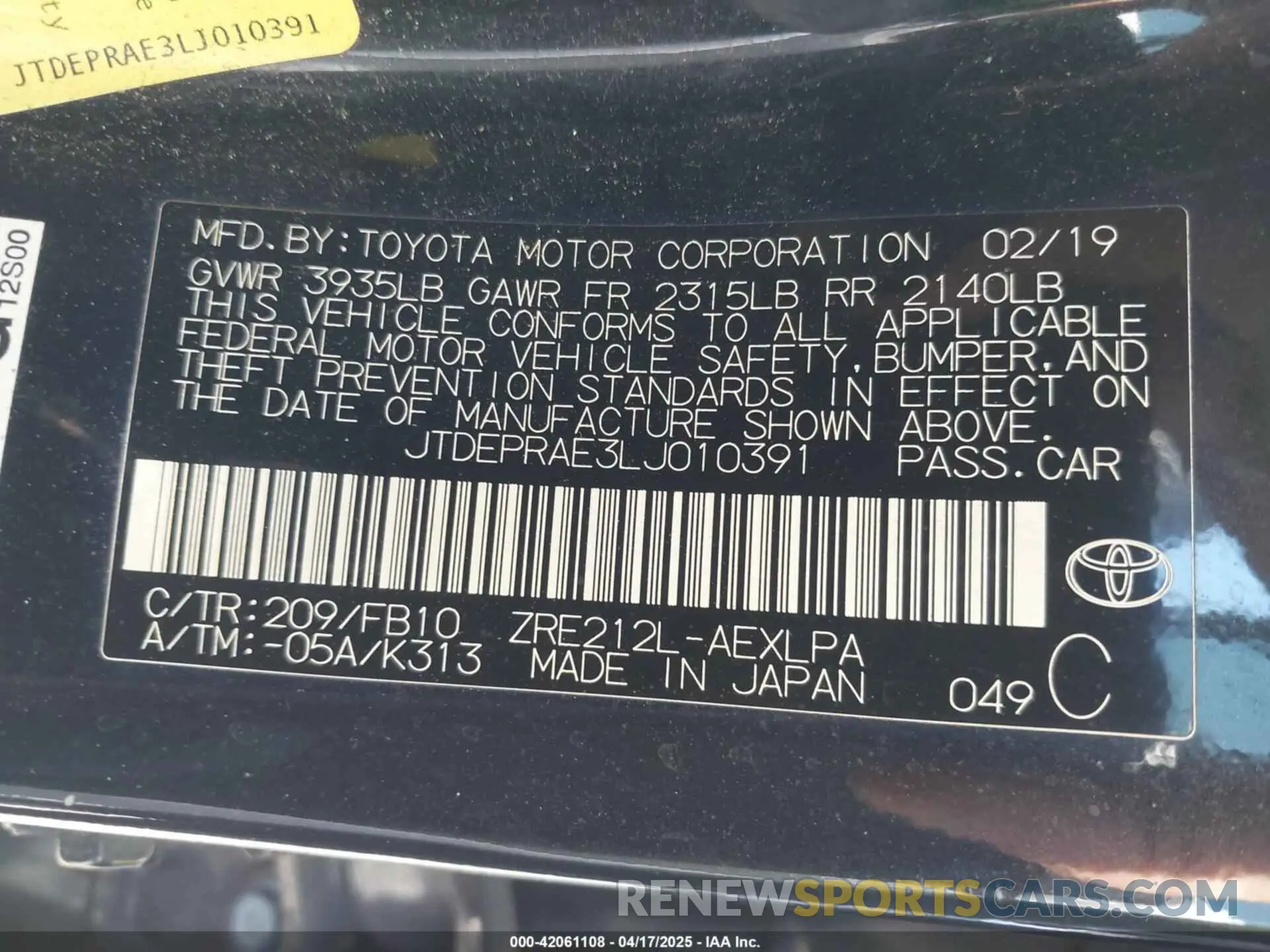 9 Photograph of a damaged car JTDEPRAE3LJ010391 TOYOTA COROLLA 2020