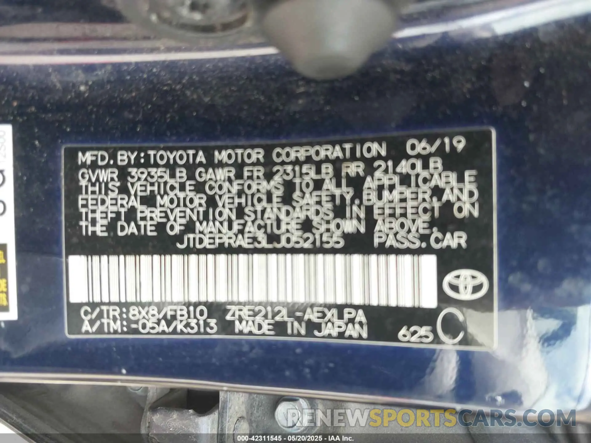 9 Photograph of a damaged car JTDEPRAE3LJ052155 TOYOTA COROLLA 2020