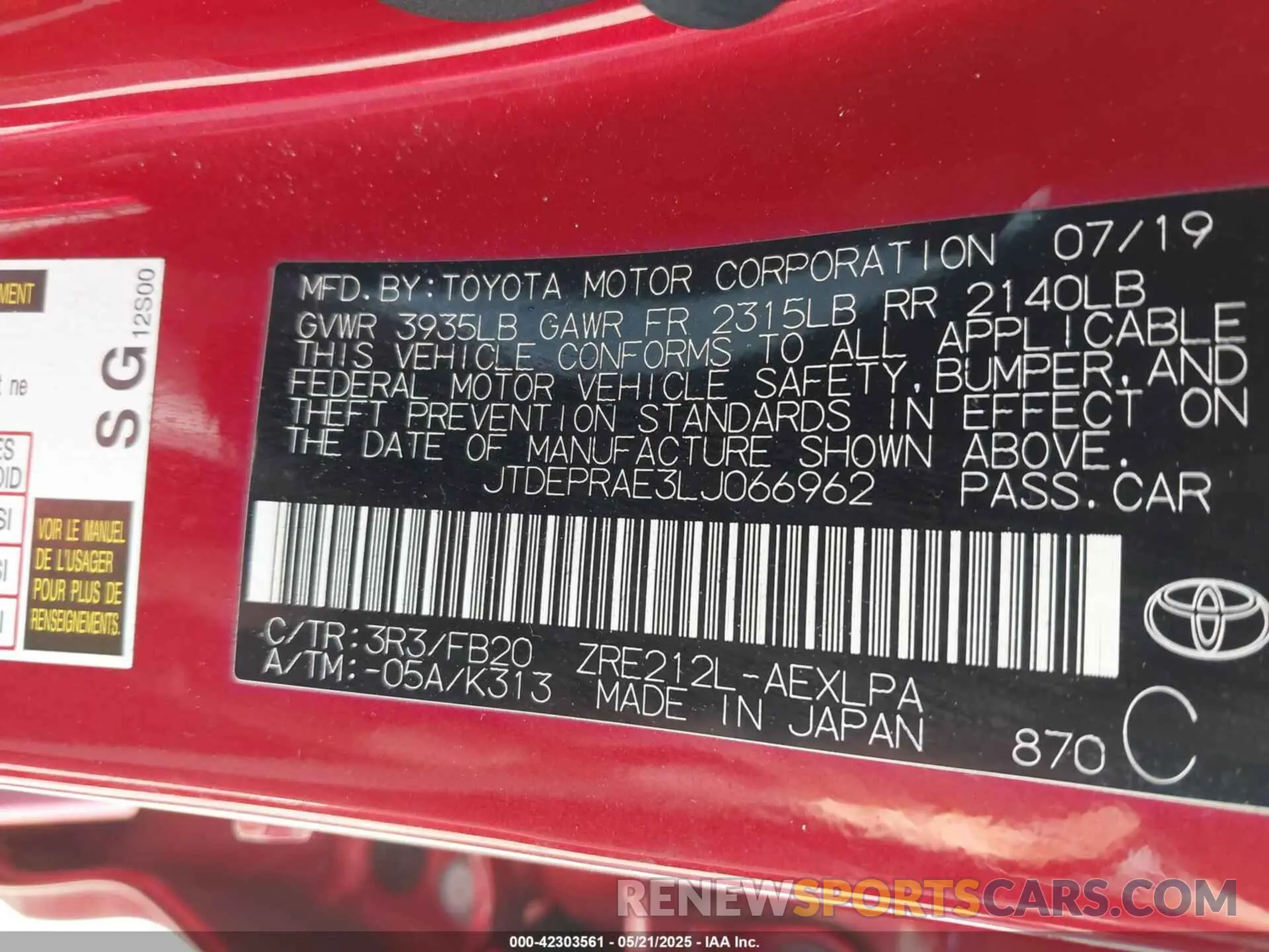 9 Photograph of a damaged car JTDEPRAE3LJ066962 TOYOTA COROLLA 2020
