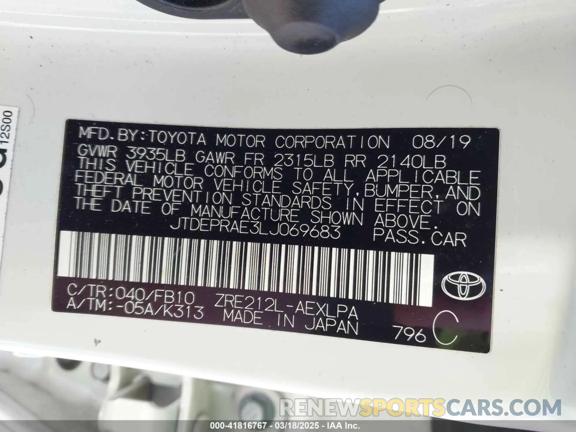9 Photograph of a damaged car JTDEPRAE3LJ069683 TOYOTA COROLLA 2020