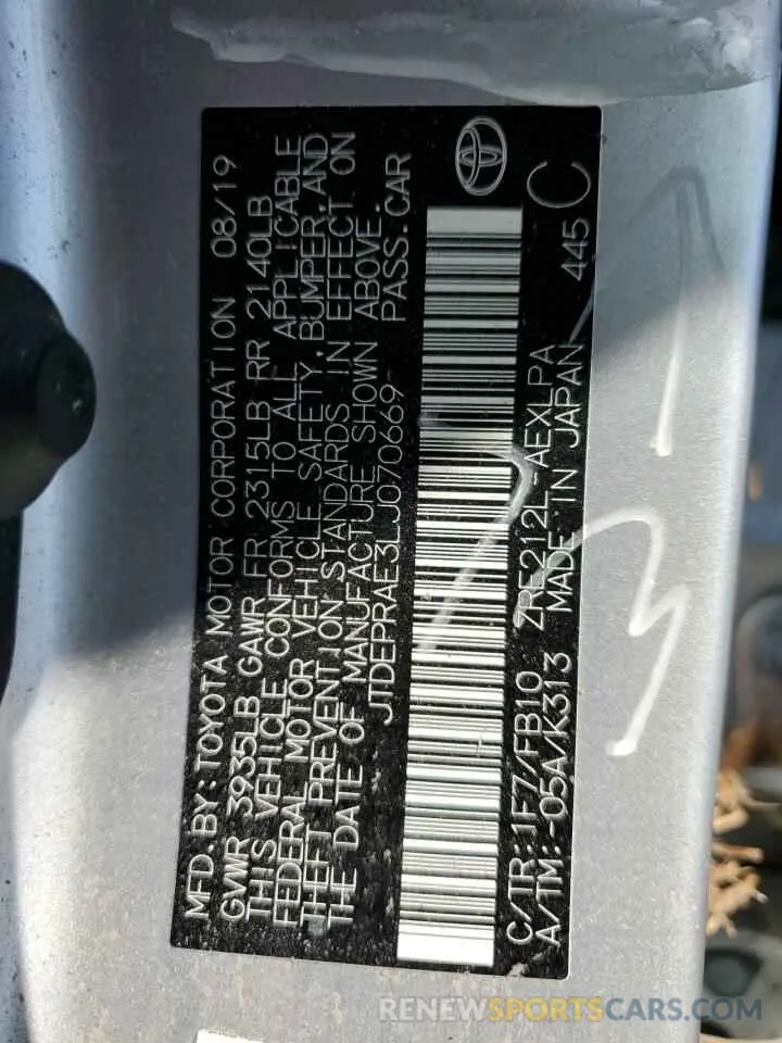 13 Photograph of a damaged car JTDEPRAE3LJ070669 TOYOTA COROLLA 2020