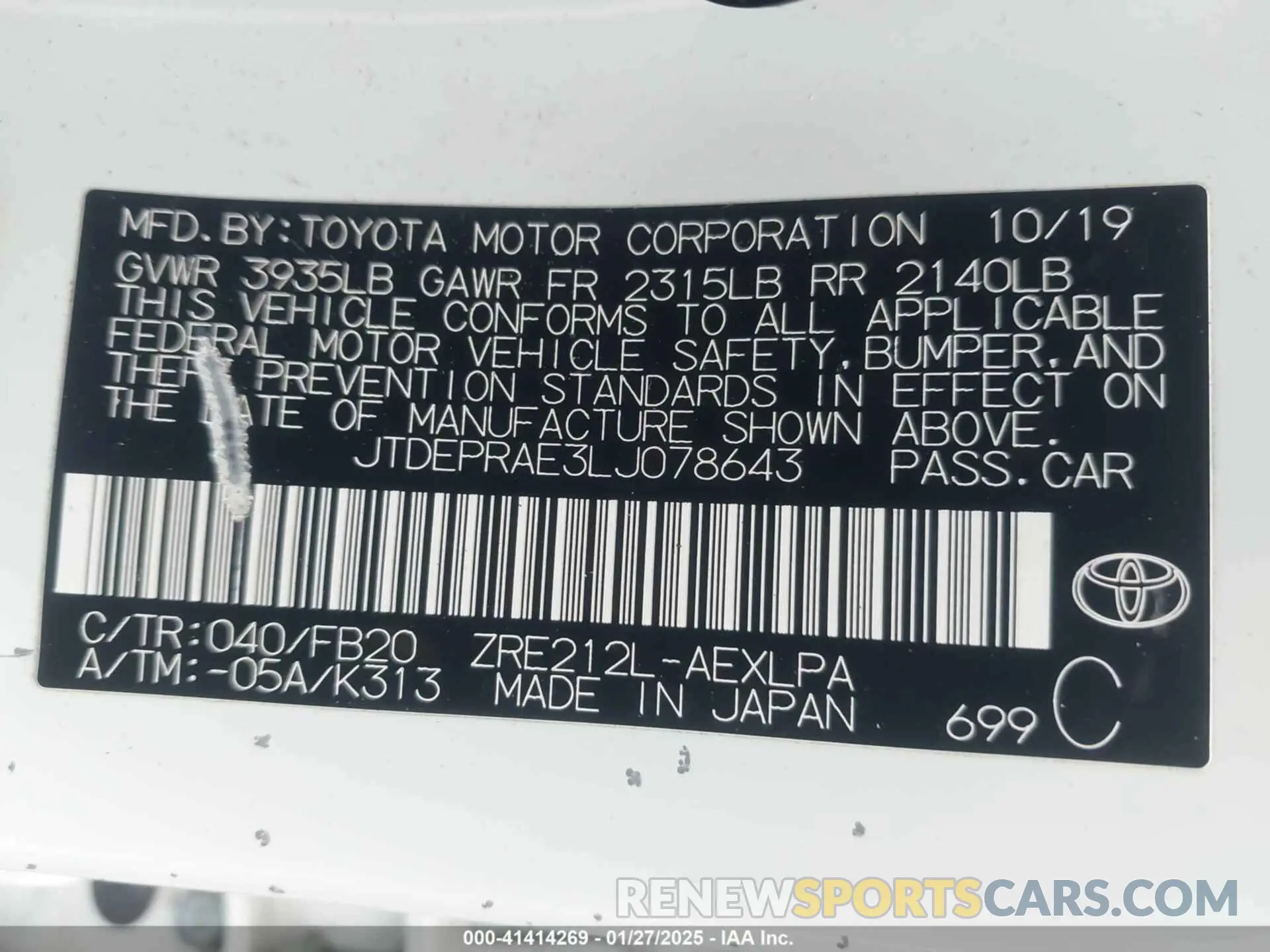 9 Photograph of a damaged car JTDEPRAE3LJ078643 TOYOTA COROLLA 2020