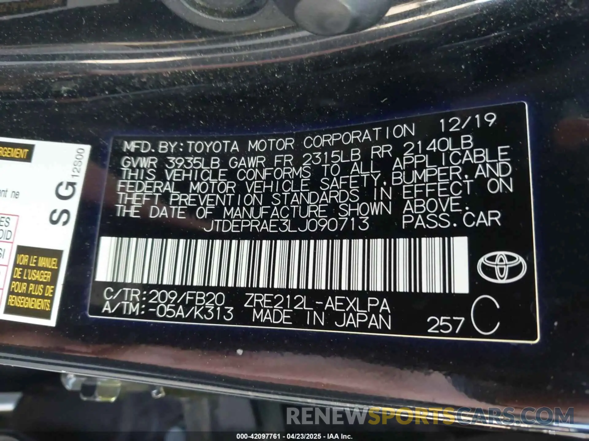 9 Photograph of a damaged car JTDEPRAE3LJ090713 TOYOTA COROLLA 2020