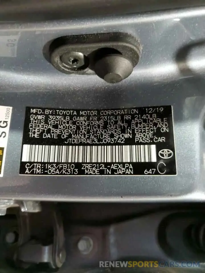 13 Photograph of a damaged car JTDEPRAE3LJ093742 TOYOTA COROLLA 2020